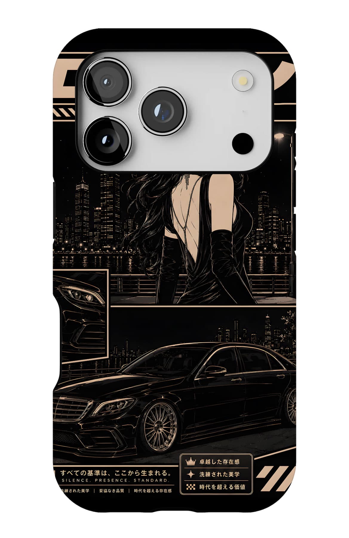 A black saloon, all in monochrome. Shown on an iPhone.