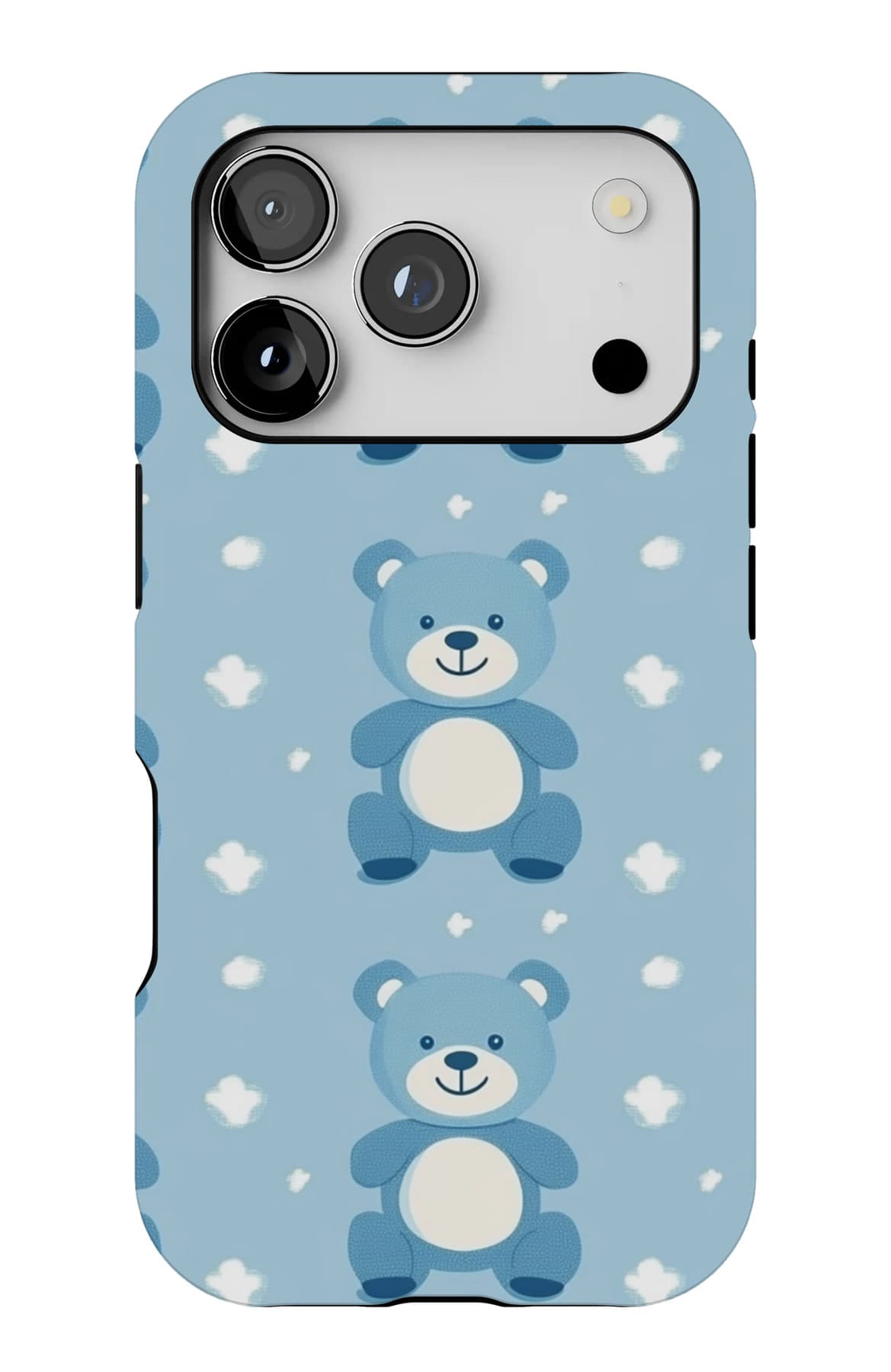 Blue teddies in rows on spotted pale blue. Shown on an iPhone.