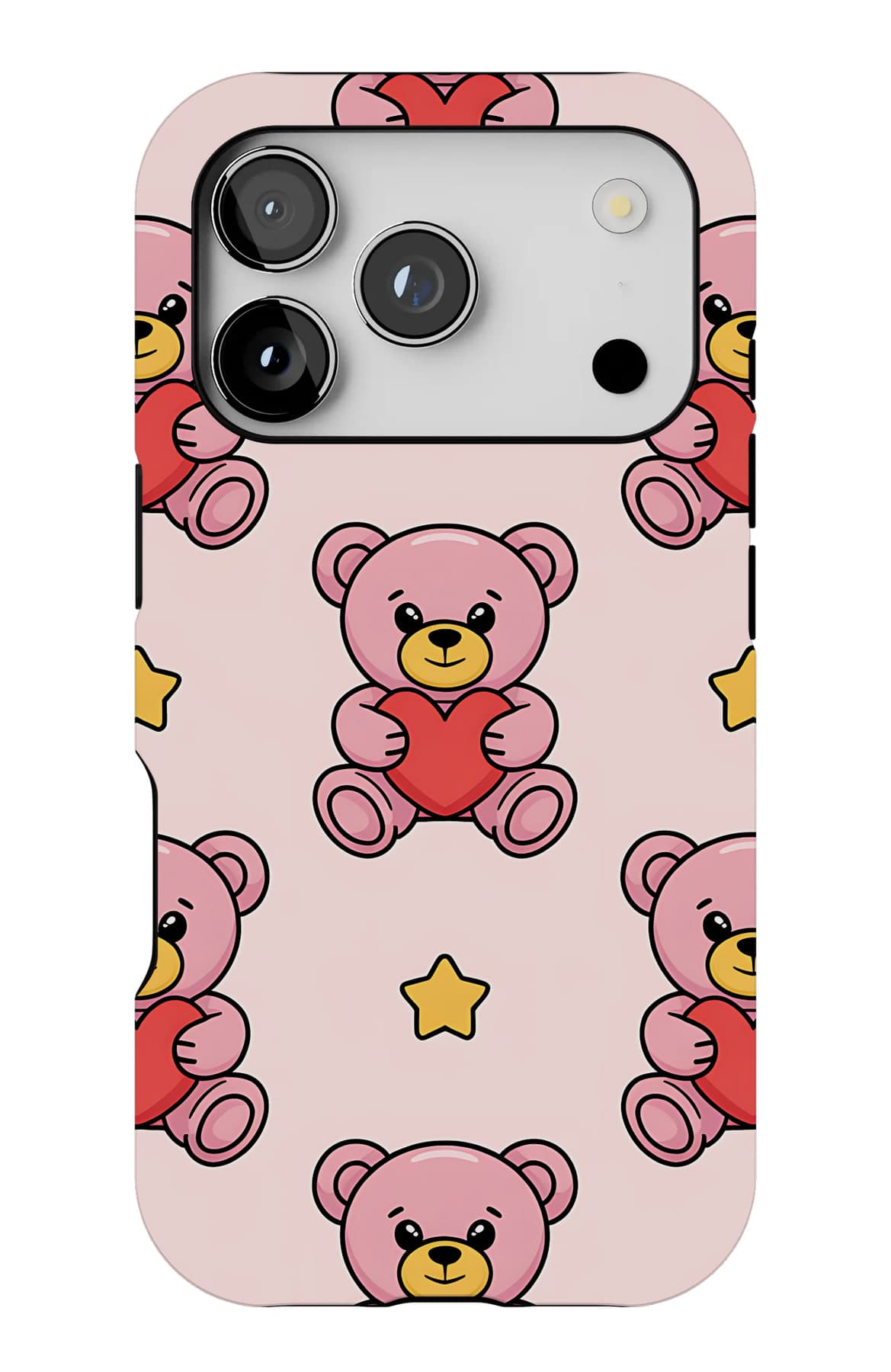 Teddies in bonnets on cream. Shown on an iPhone.