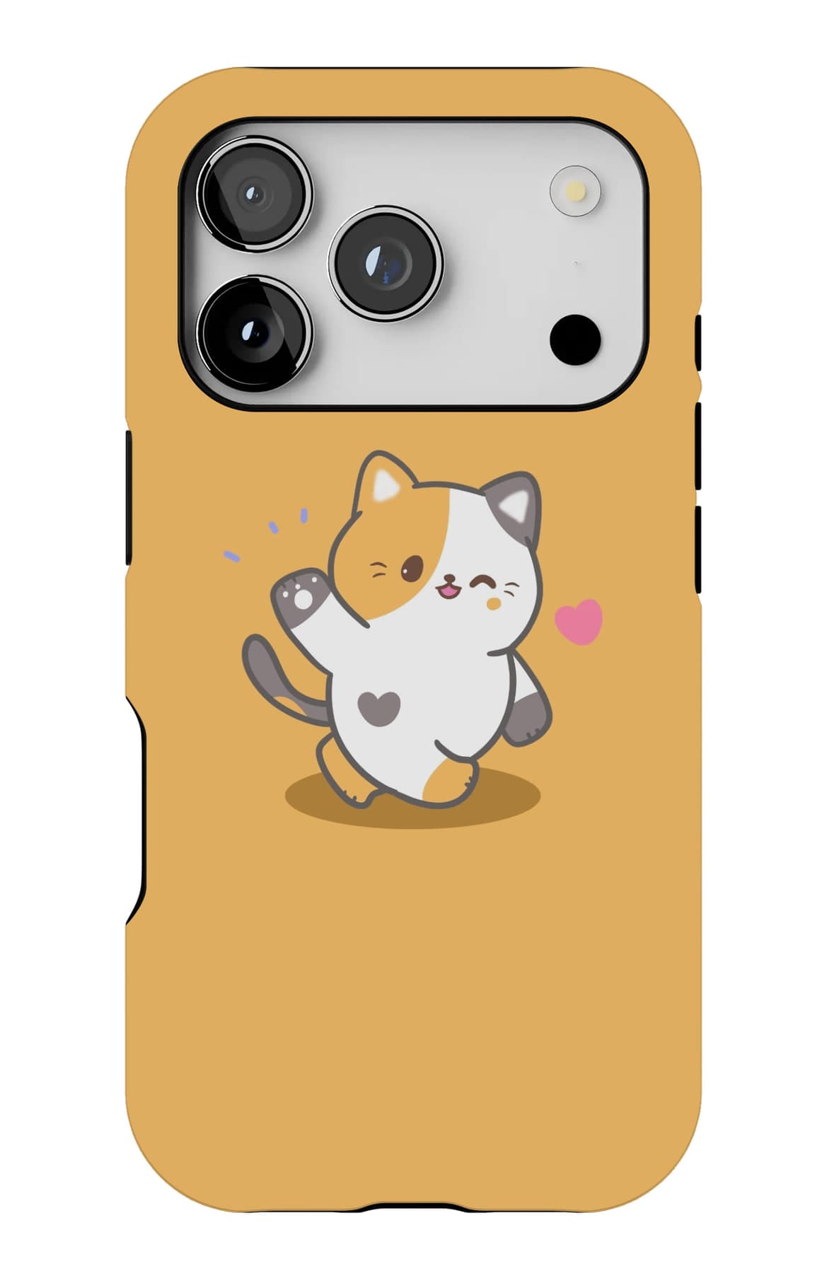 One calico cat on warm mustard. Shown on an iPhone.