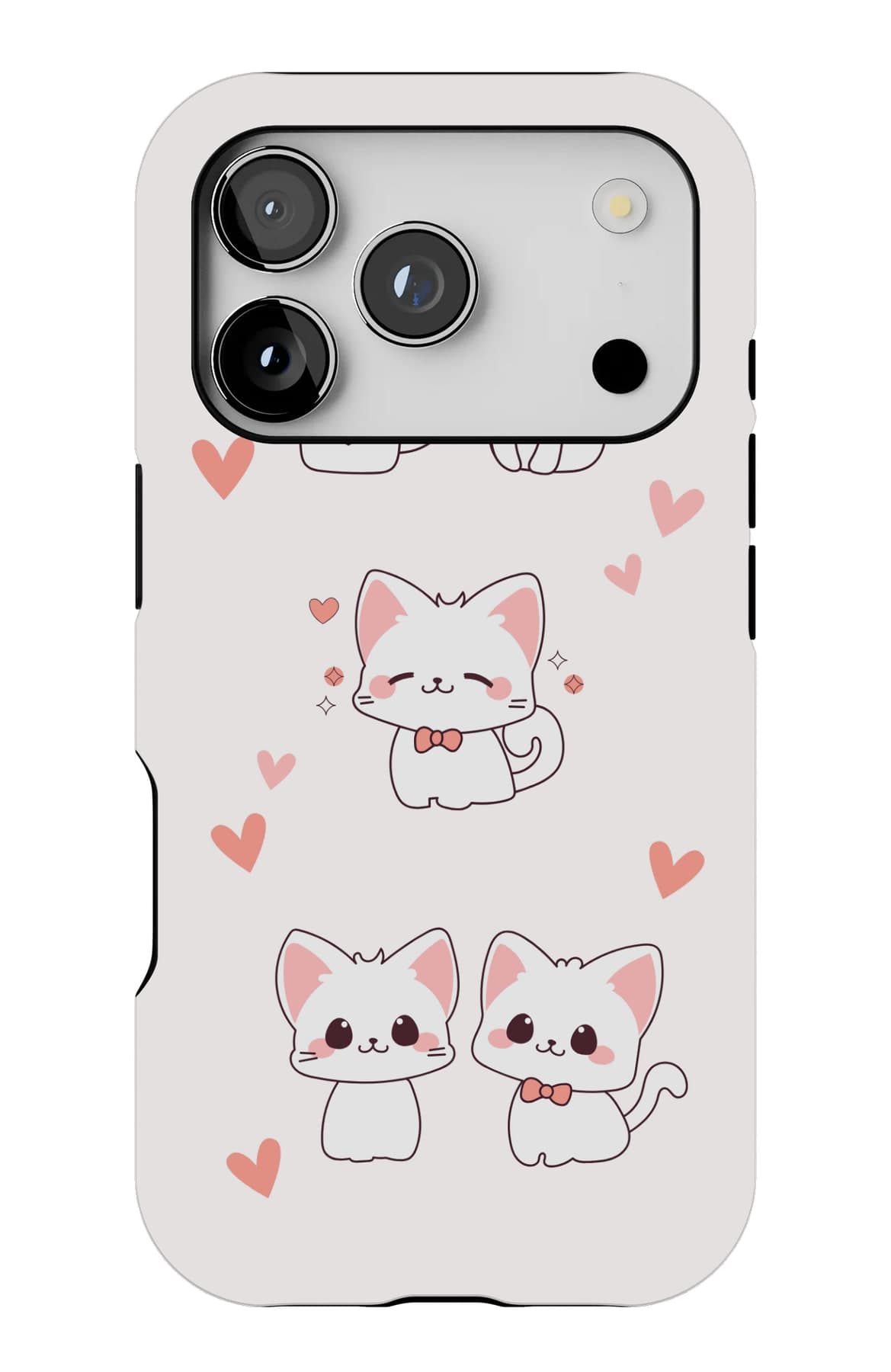 Pairs of cats, each with a heart between them. Shown on an iPhone.