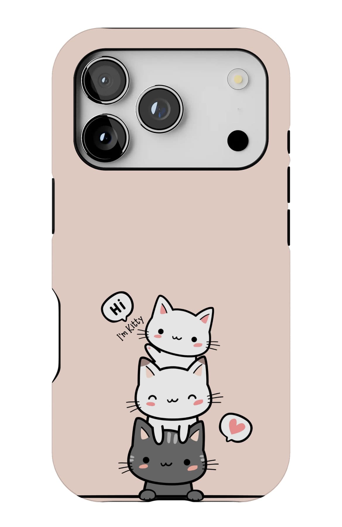 A stack of white cats, balanced for now. Shown on an iPhone.
