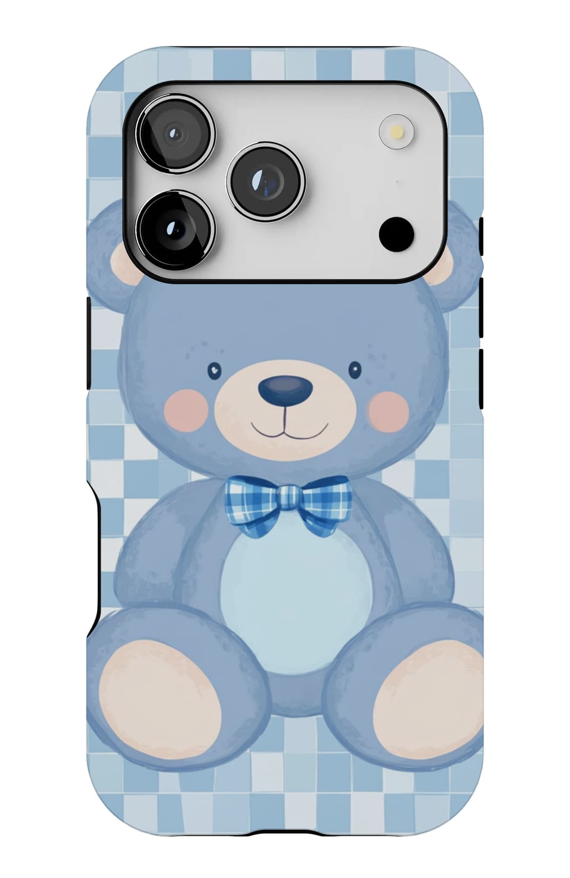 A blue teddy sitting on blue check. Shown on an iPhone.