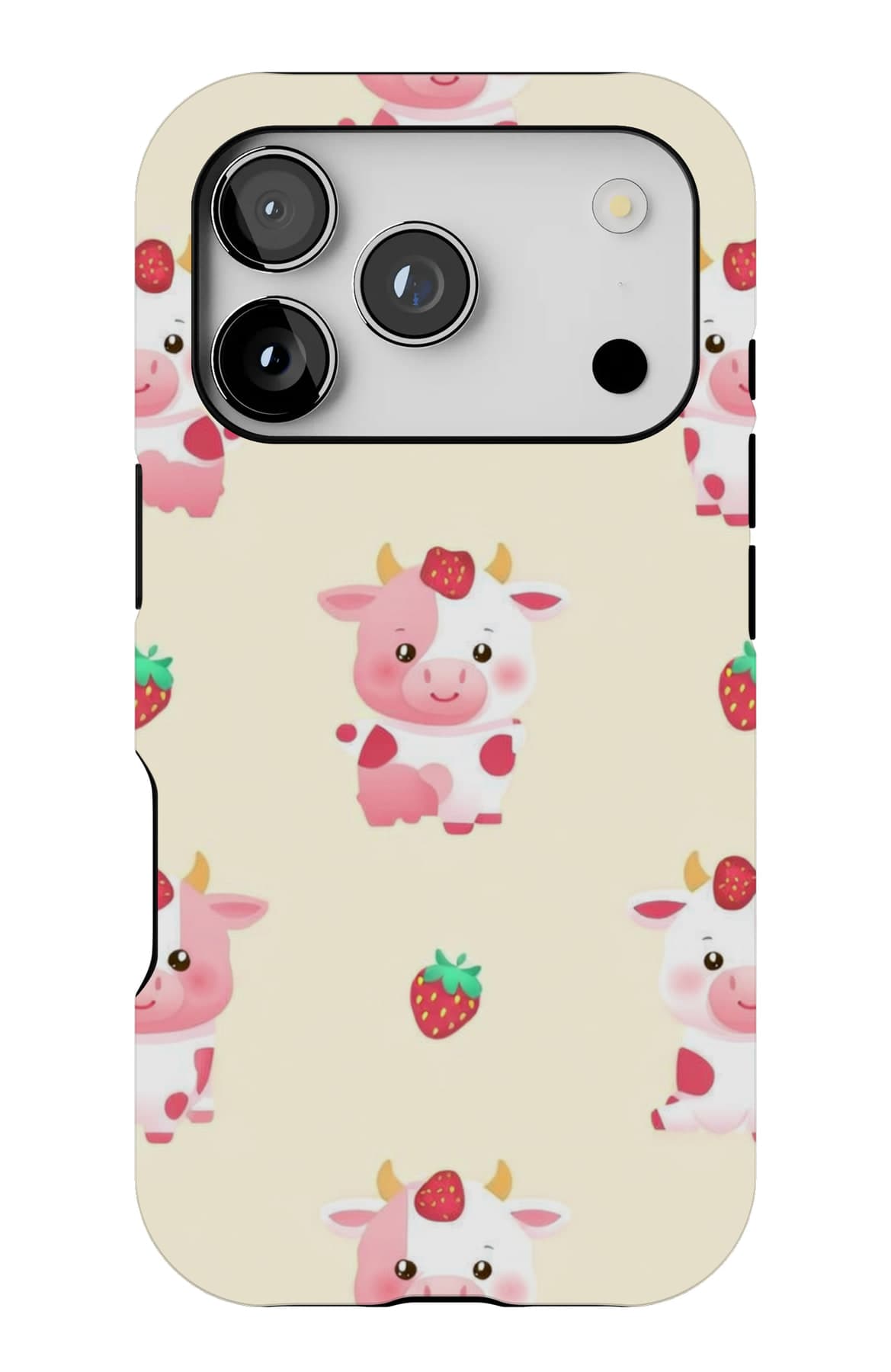 Pigs and strawberries on cream. Shown on an iPhone.