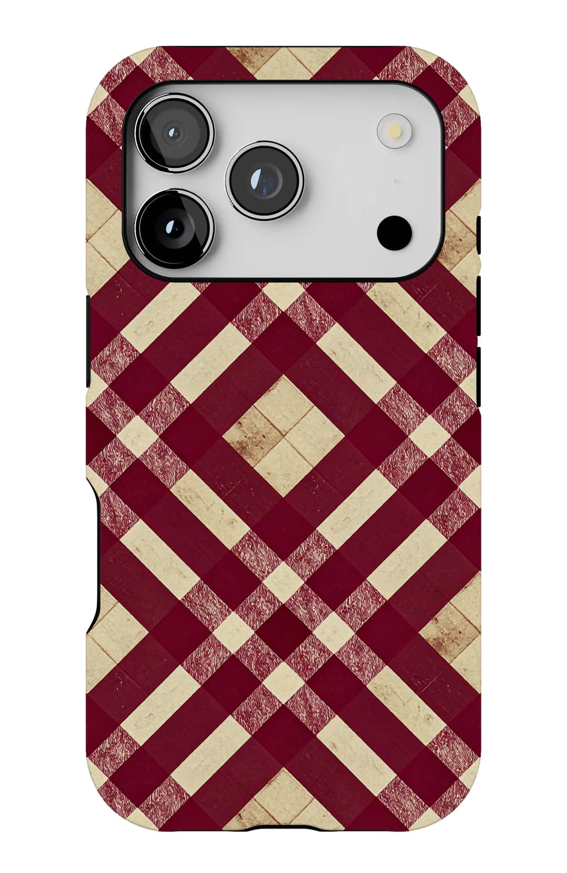 Crimson over a cream weave. Shown on an iPhone.