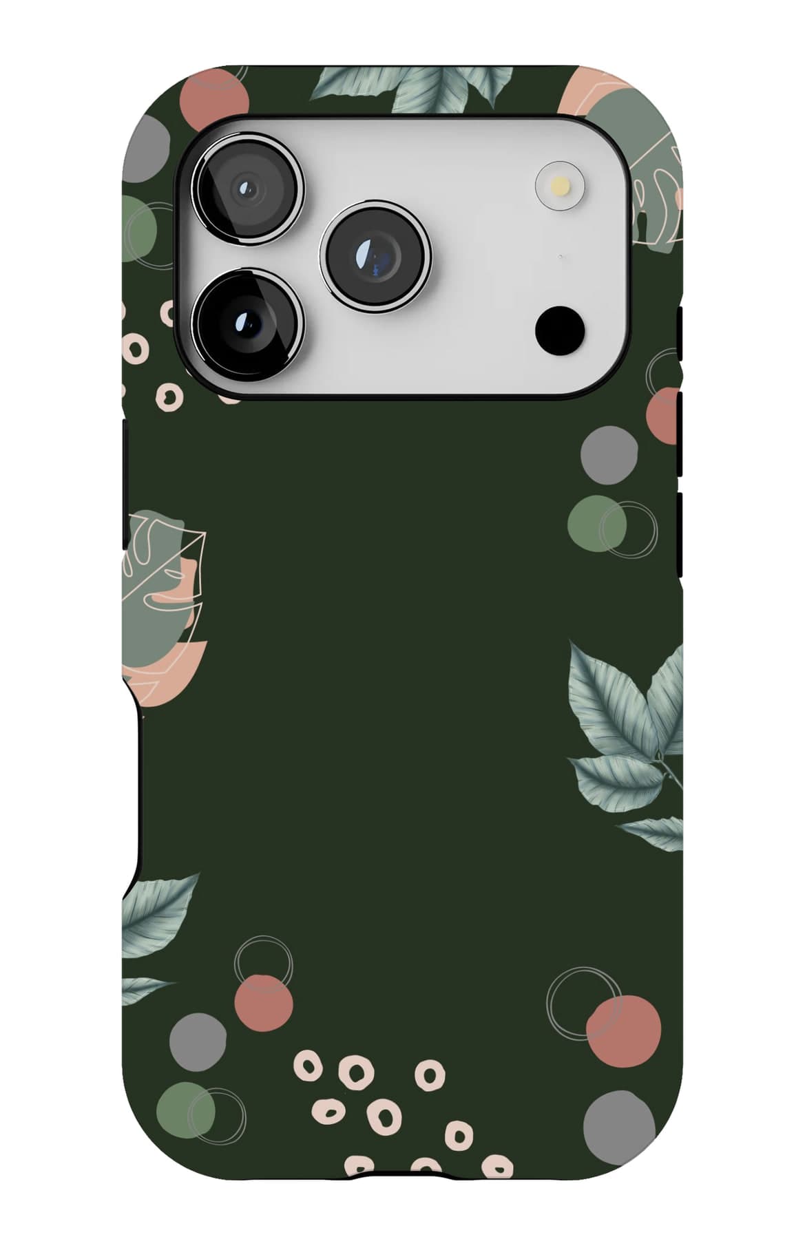 Leaves and dots on deep green. Shown on an iPhone.