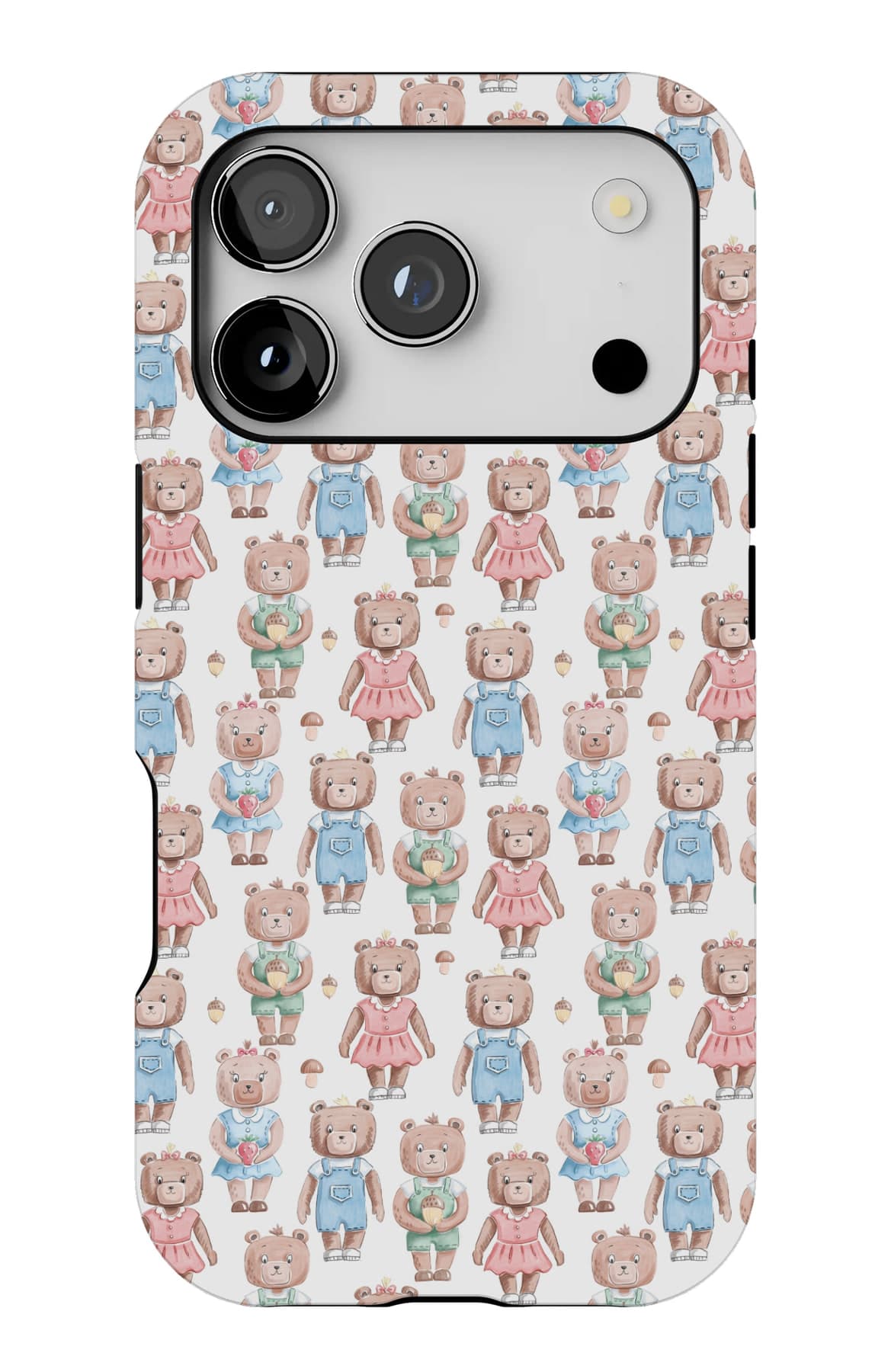Bears in pink and blue outfits. Shown on an iPhone.