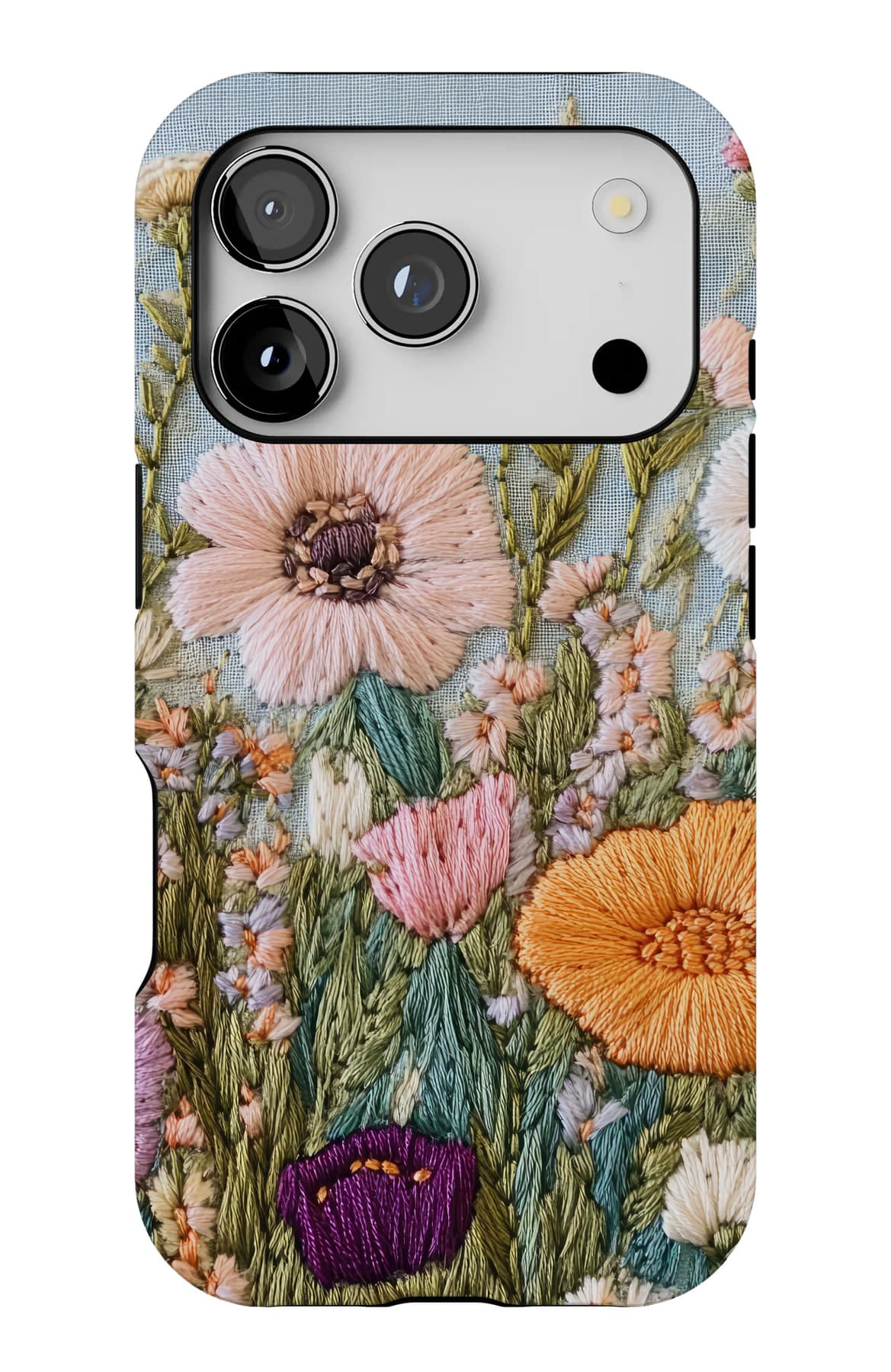 A stitched meadow of poppies and daisies. Shown on an iPhone.