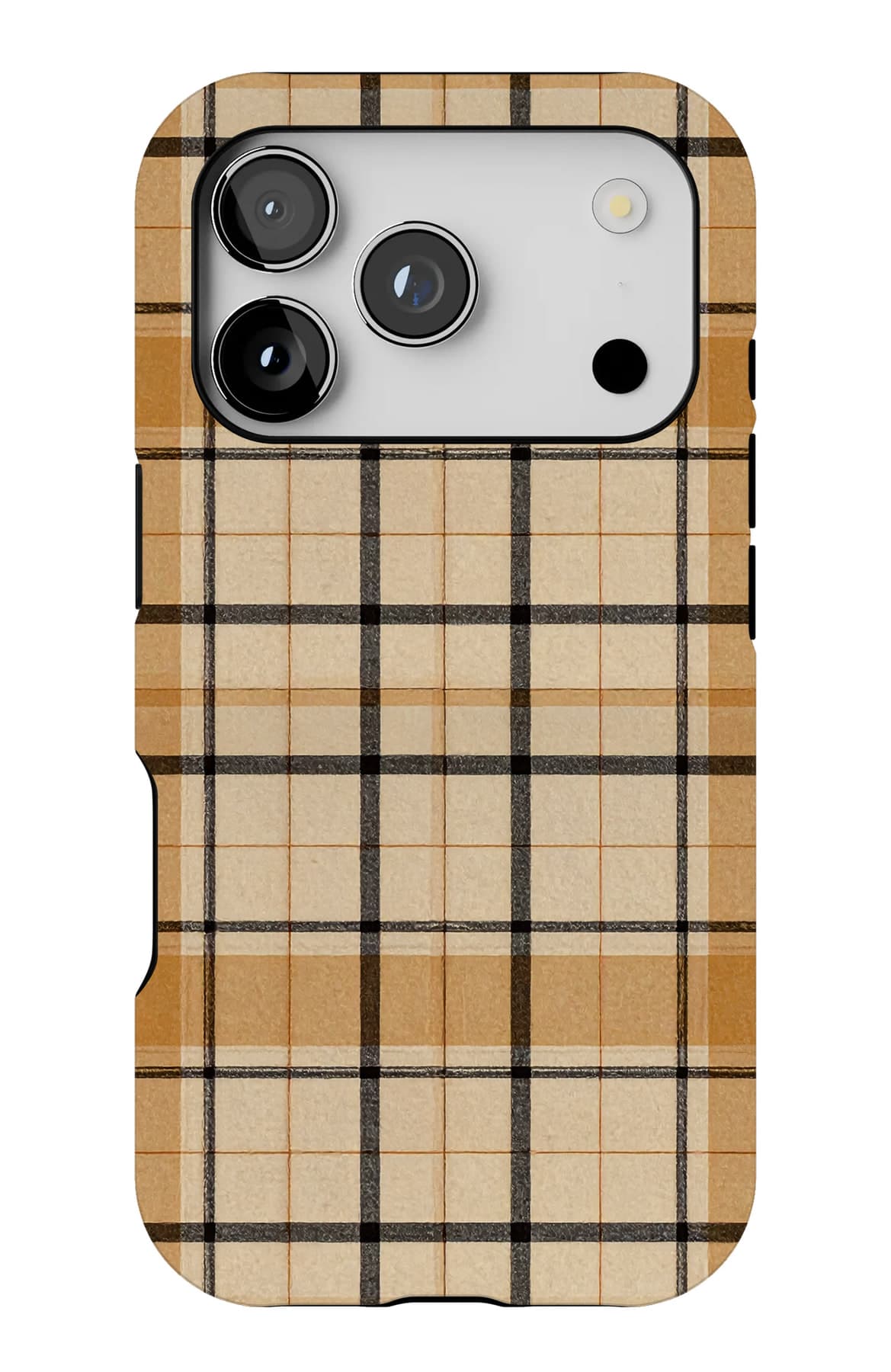 A fine tan and black plaid. Shown on an iPhone.