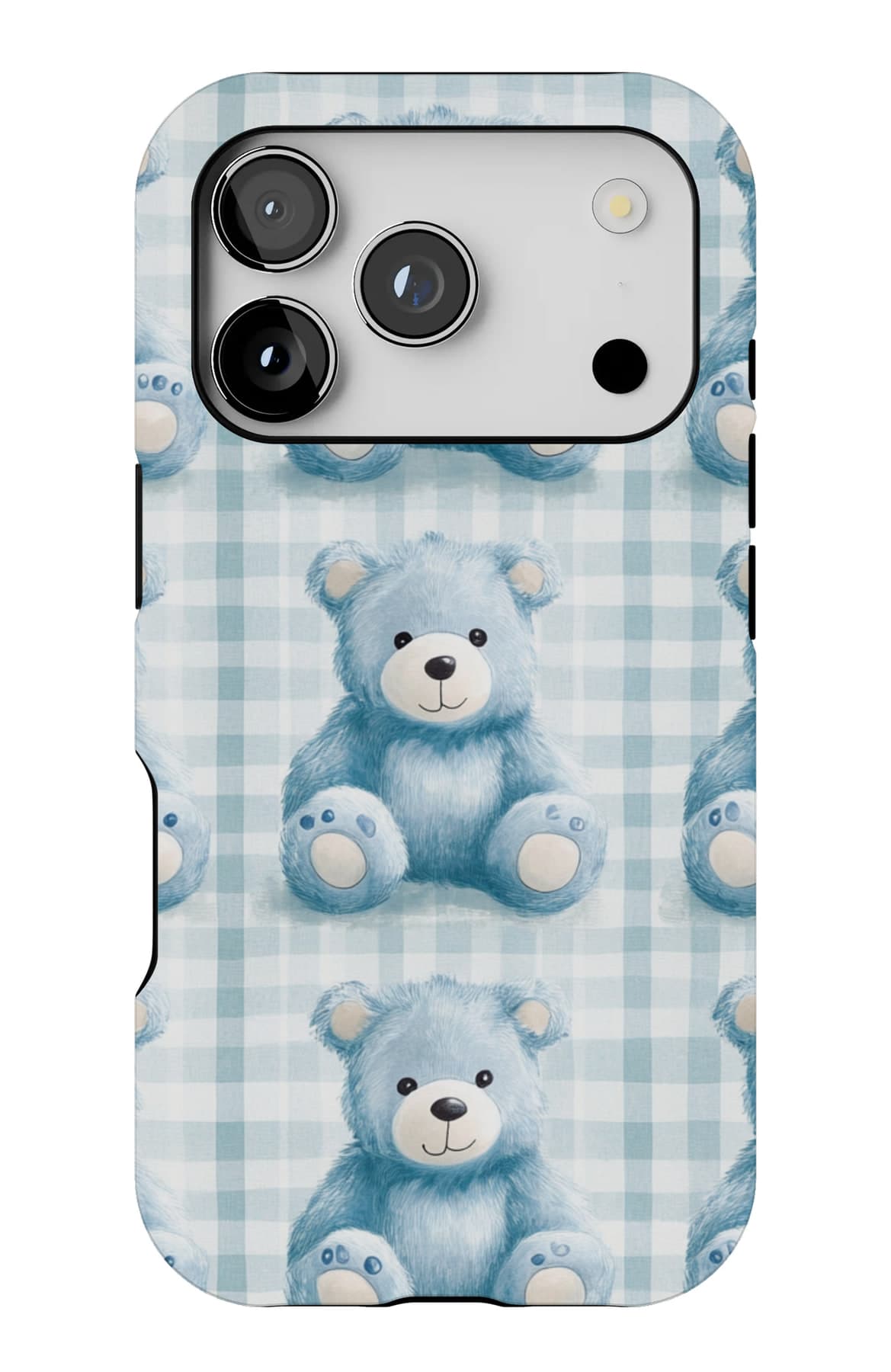 Blue teddies on soft blue gingham. Shown on an iPhone.