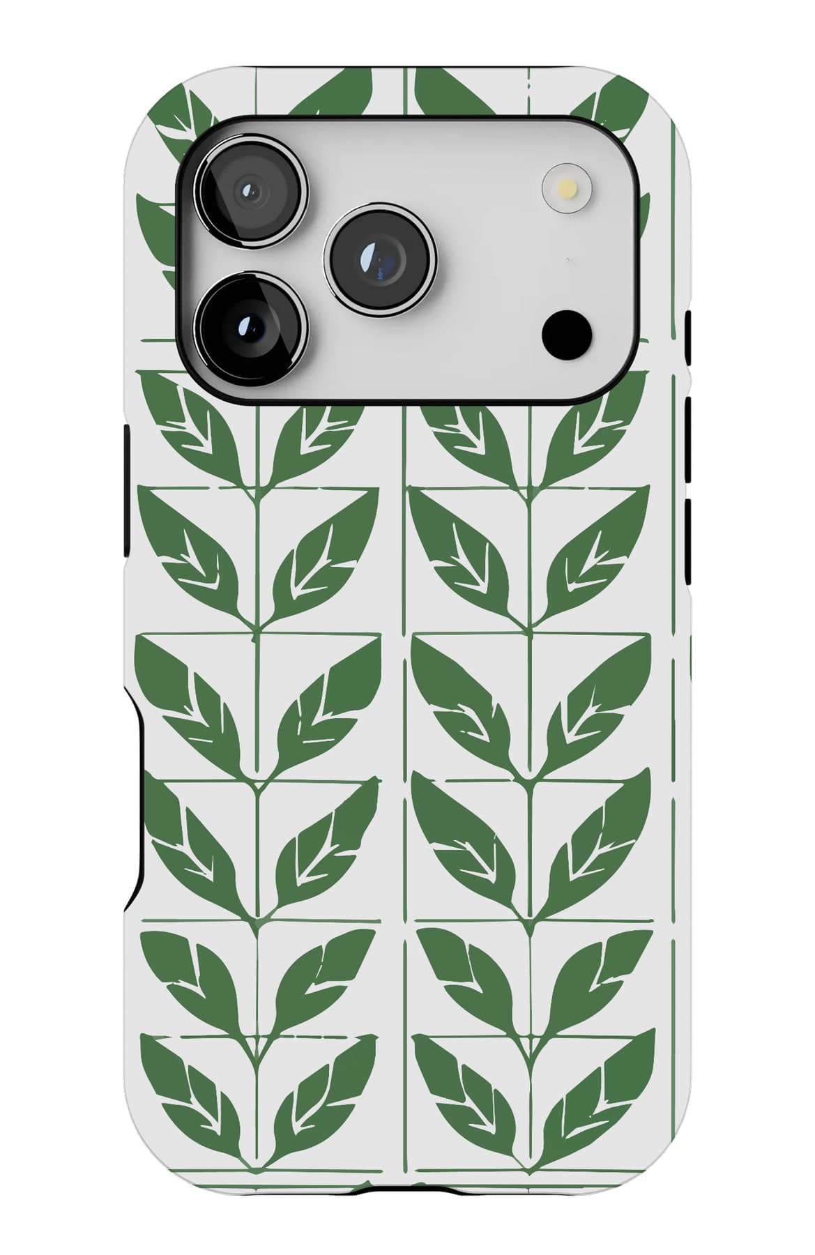 Columns of green leaves on bone white. Shown on an iPhone.