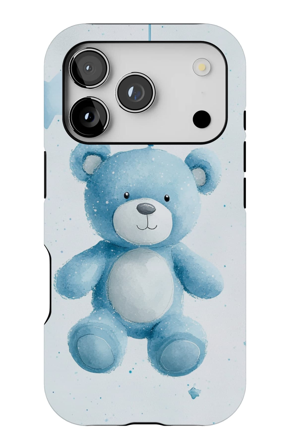 A pale blue teddy hung among stars. Shown on an iPhone.