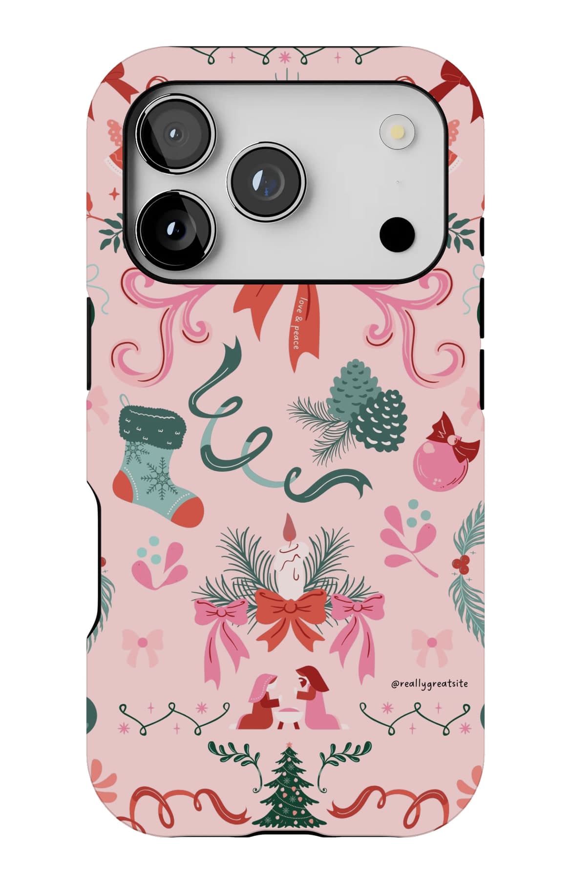 Ribbons, holly and candy canes on pink. Shown on an iPhone.