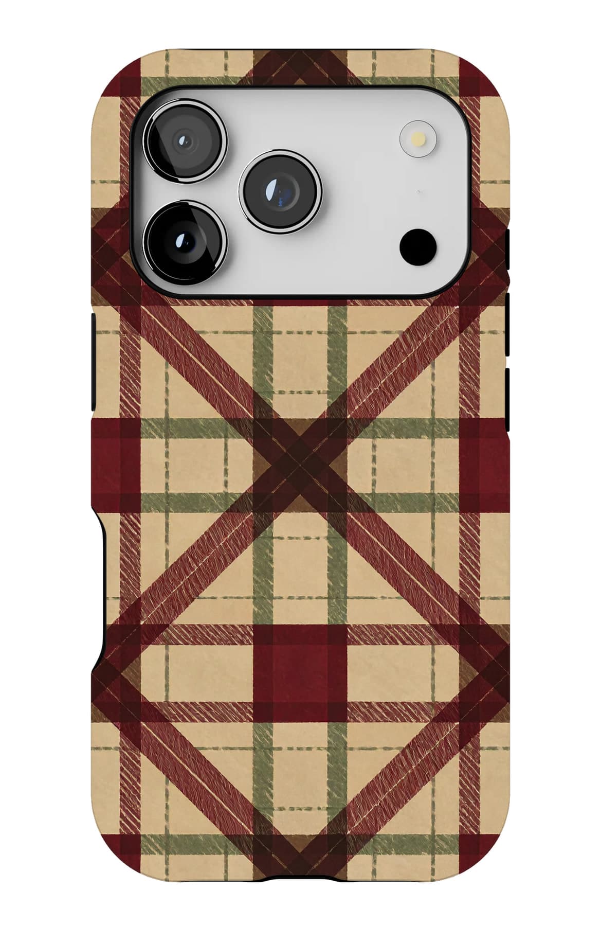 Red, green and cream, woven close. Shown on an iPhone.