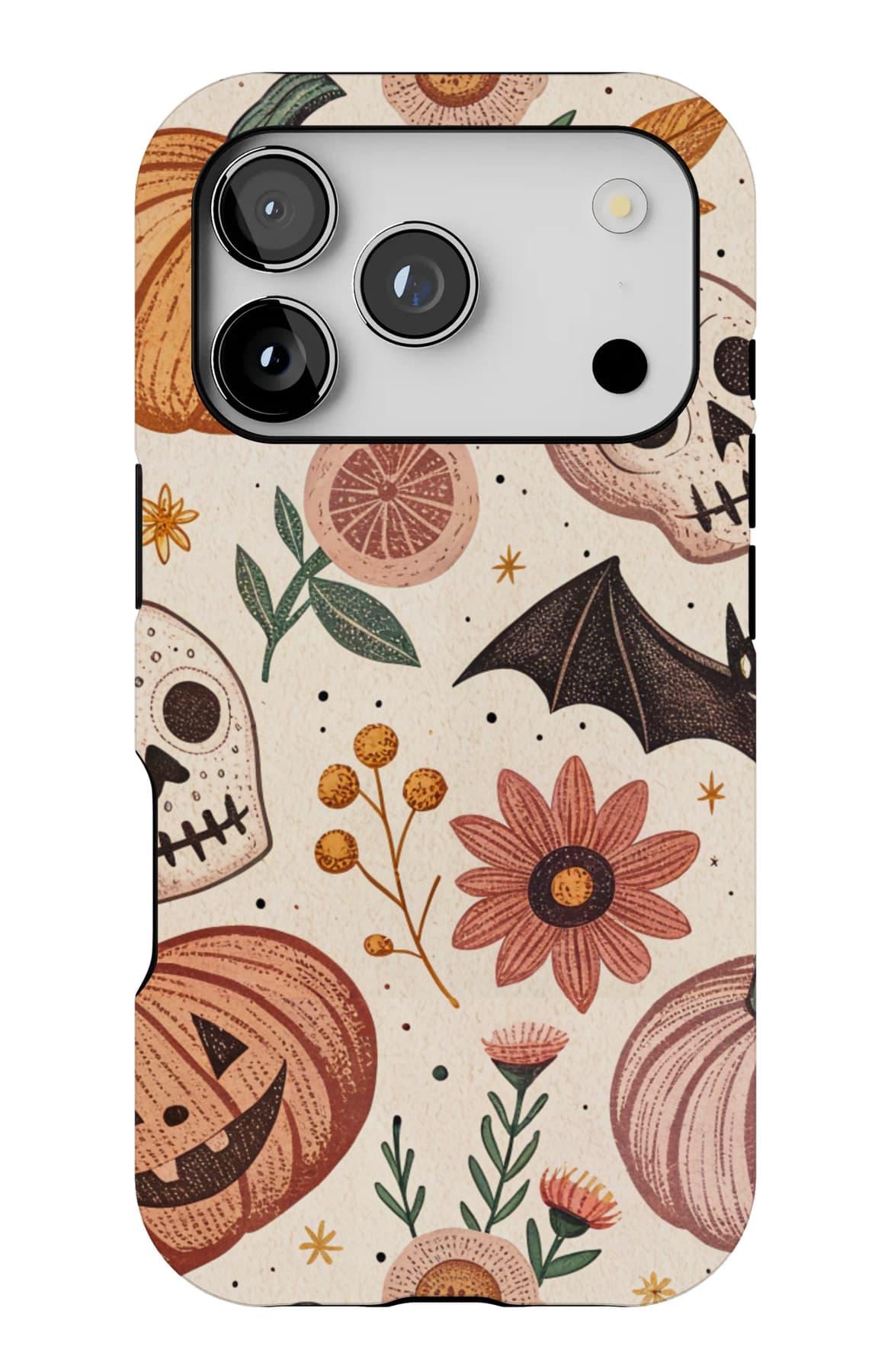 Carved pumpkins and falling leaves. Shown on an iPhone.