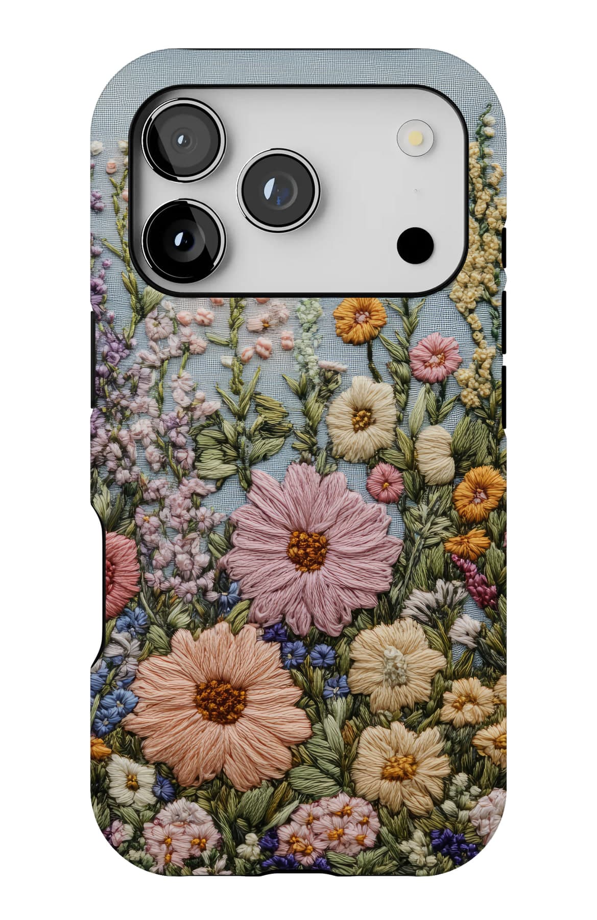 Lavender and foxglove worked in thread. Shown on an iPhone.