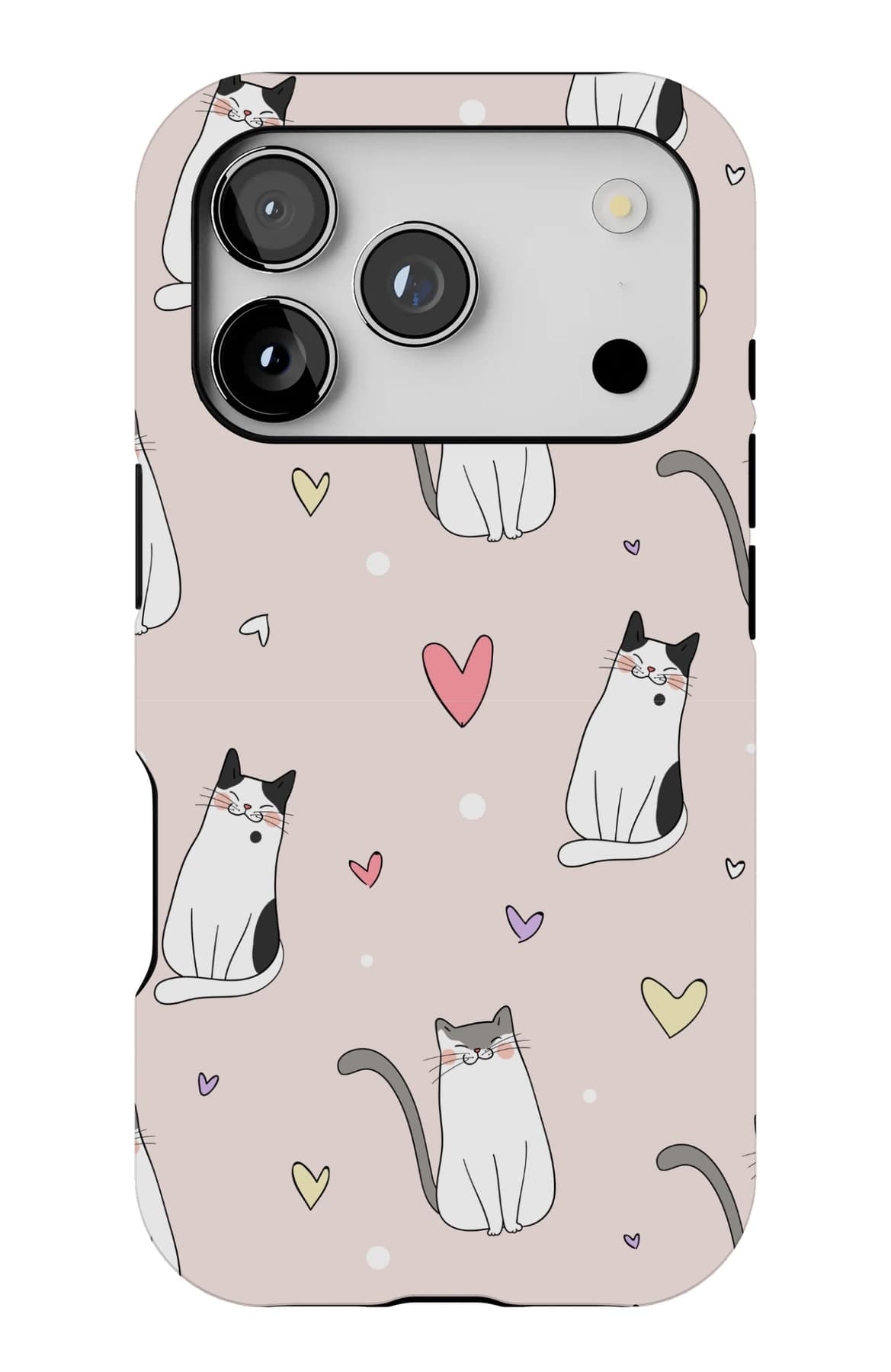 Cats drawn in one line, with hearts, on cream. Shown on an iPhone.