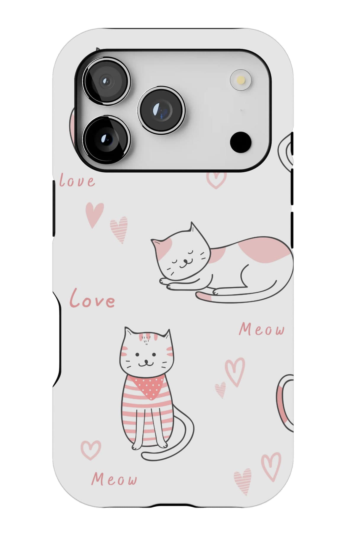Outlined cats, love and meow, on white. Shown on an iPhone.
