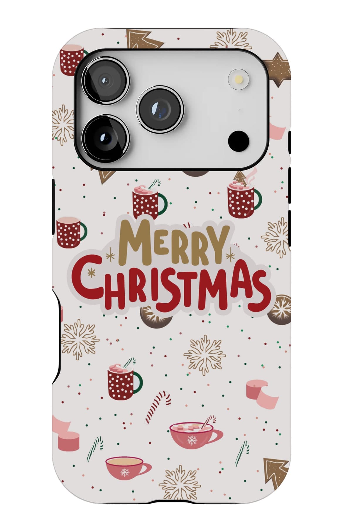Merry Christmas, set among mugs and tiny firs. Shown on an iPhone.