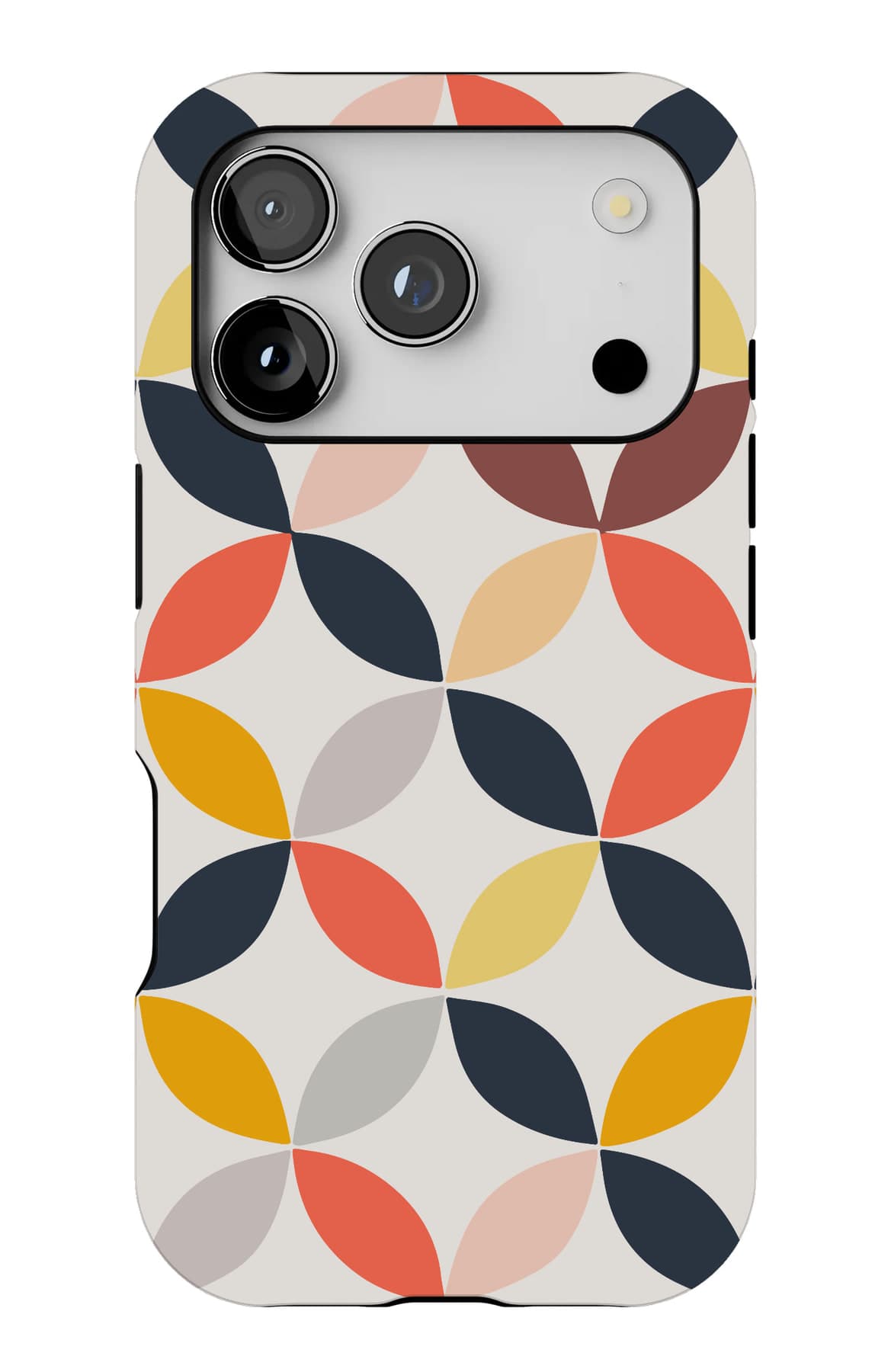 Four-petal tiles in mustard, navy and coral. Shown on an iPhone.