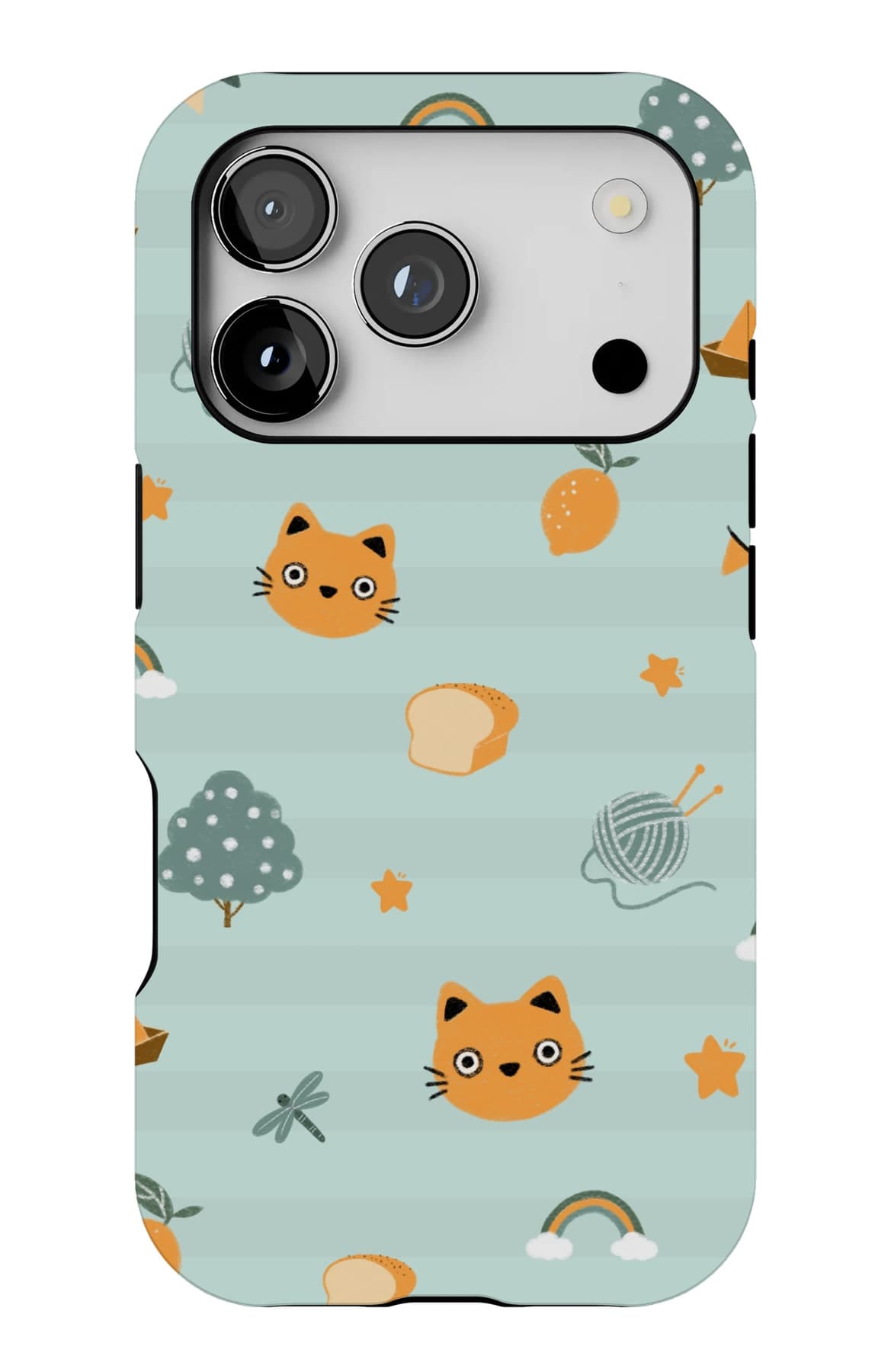 Cats, oranges and rainbows on mint. Shown on an iPhone.
