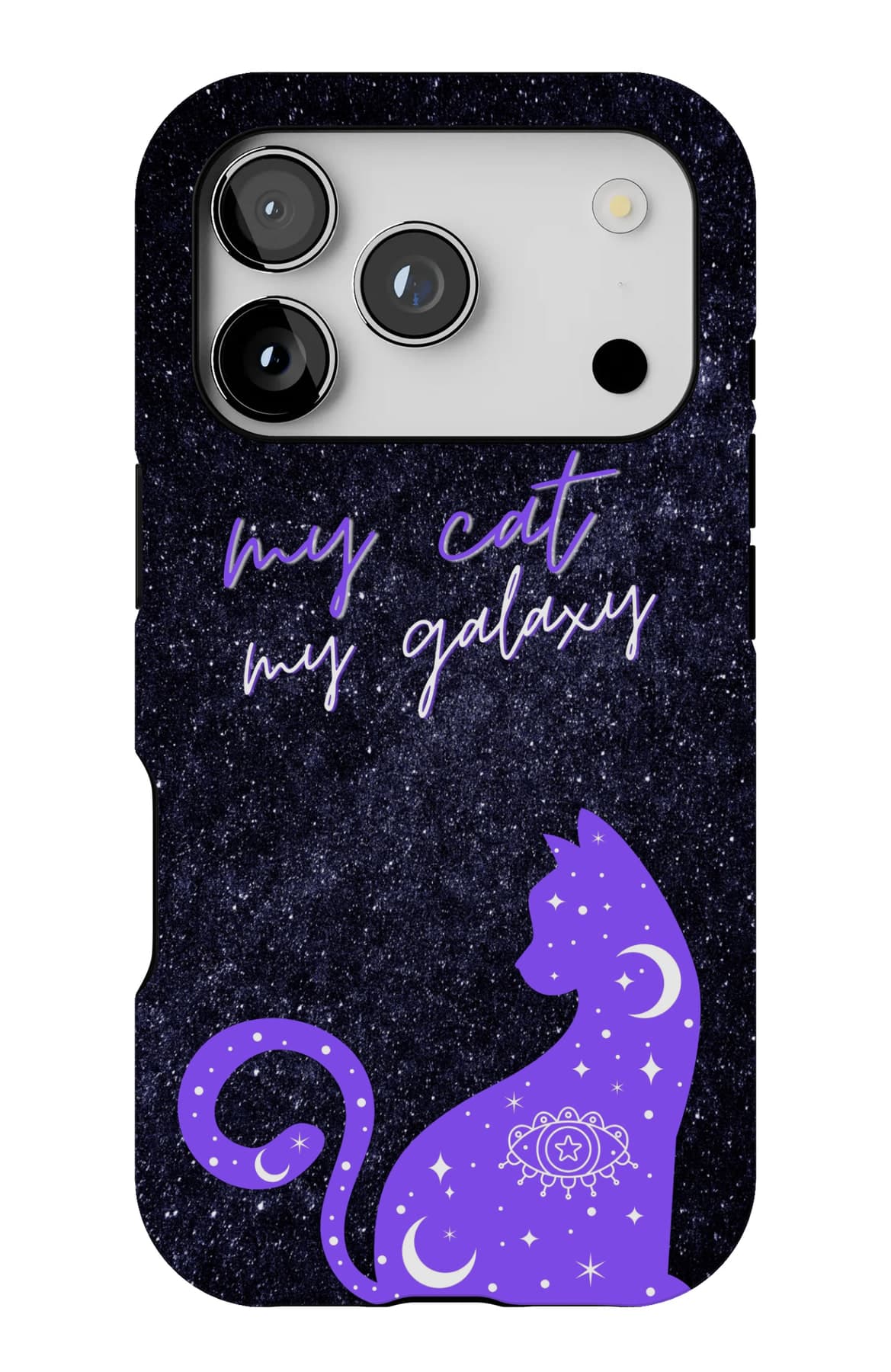 A cat silhouette against a purple galaxy. Shown on an iPhone.