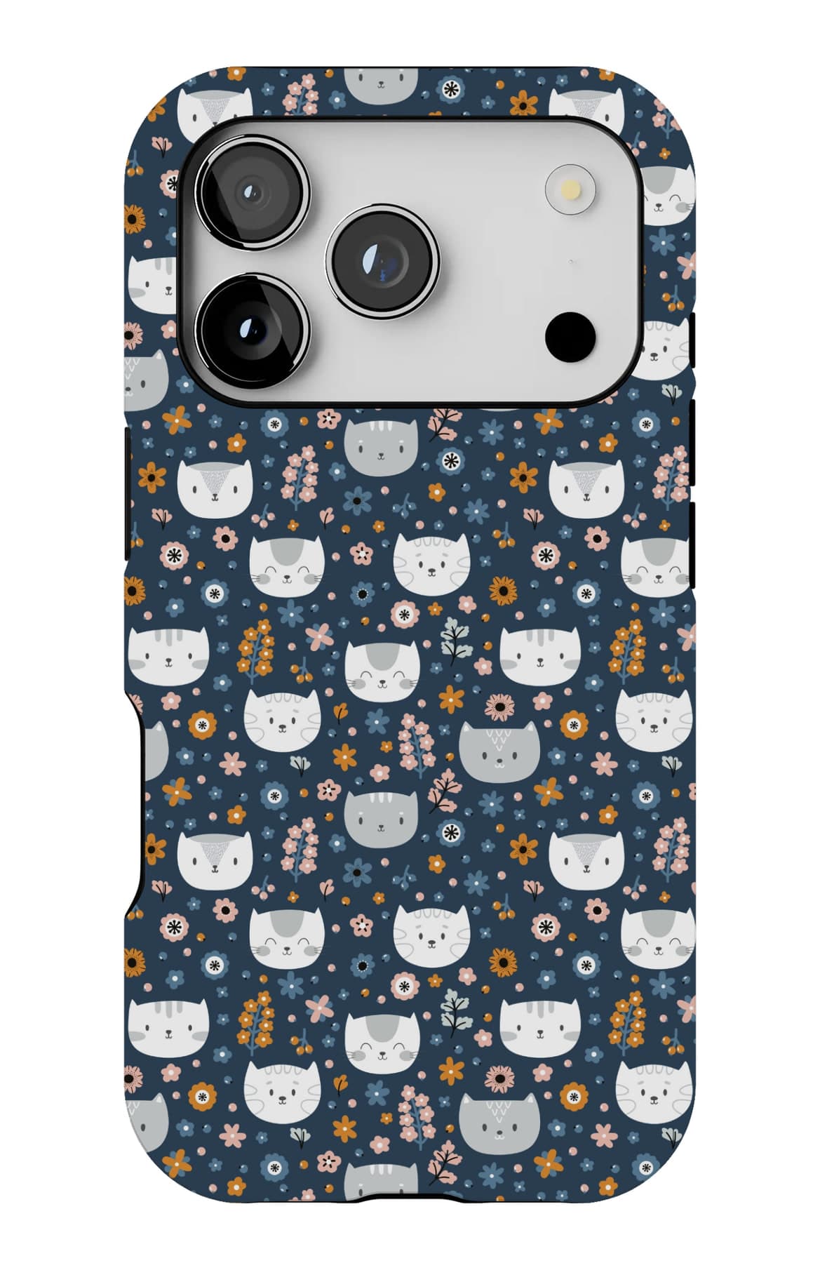 Cat faces and tiny blooms on deep navy. Shown on an iPhone.