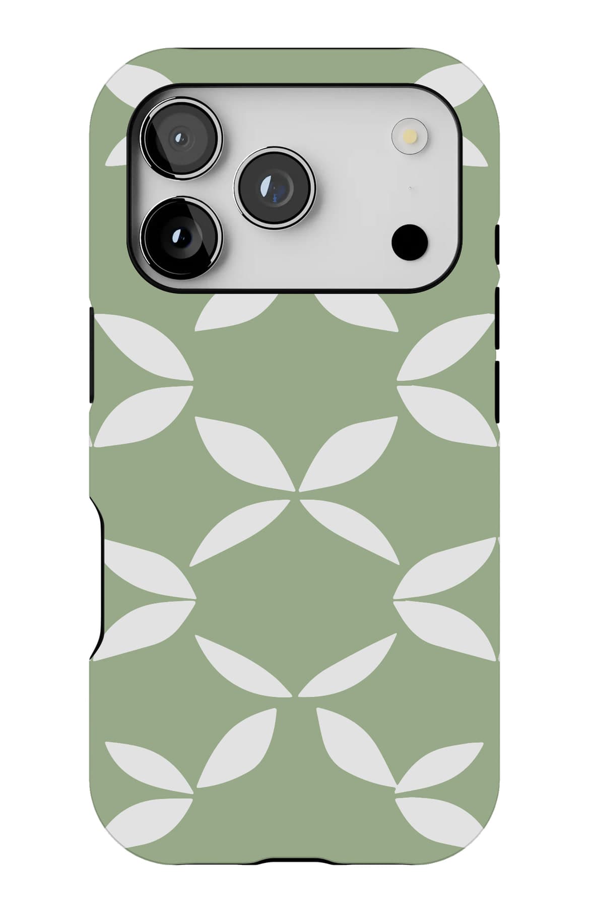 White leaf shapes in a steady grid on olive. Shown on an iPhone.