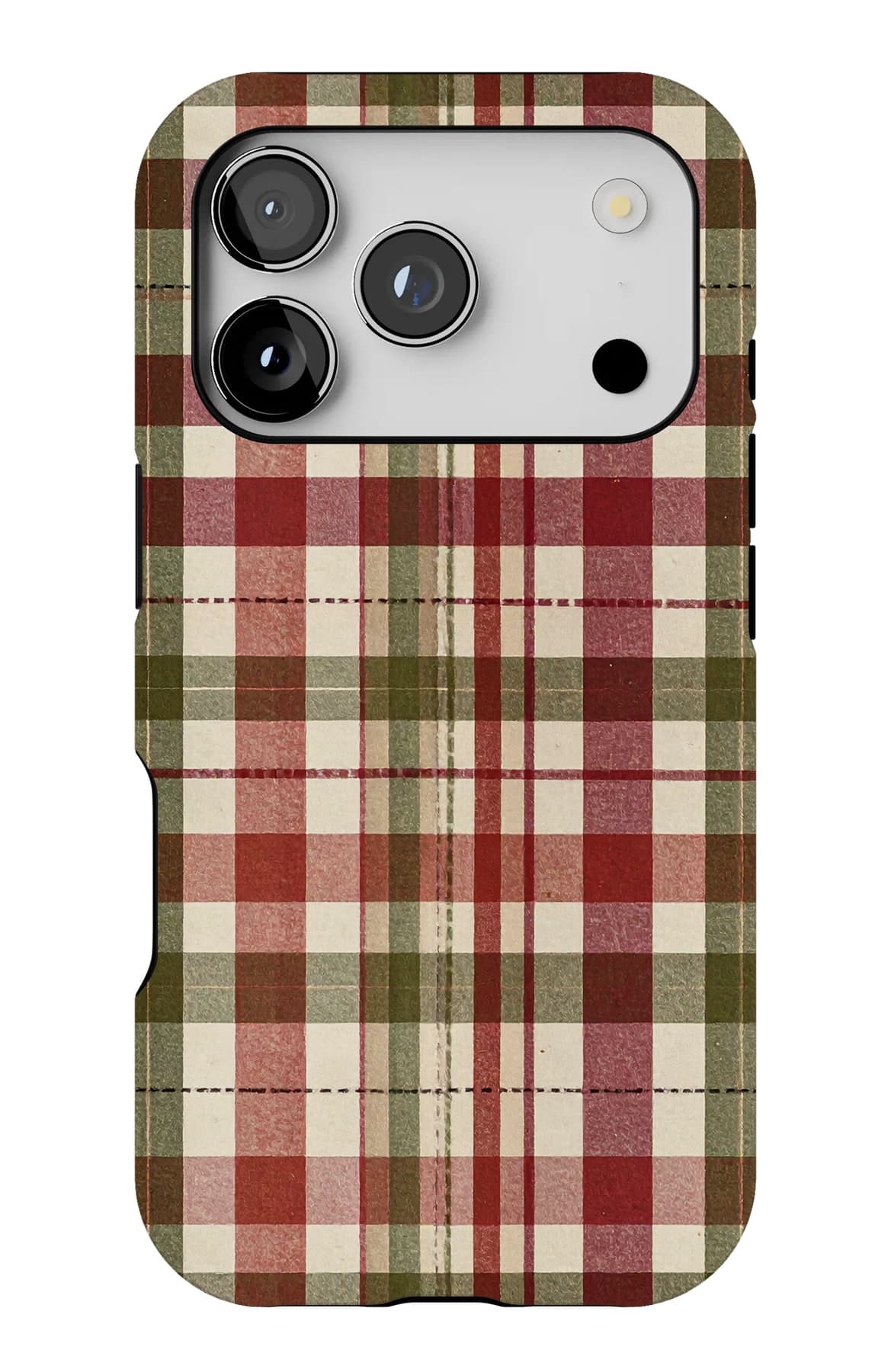 A wide olive and cream check. Shown on an iPhone.