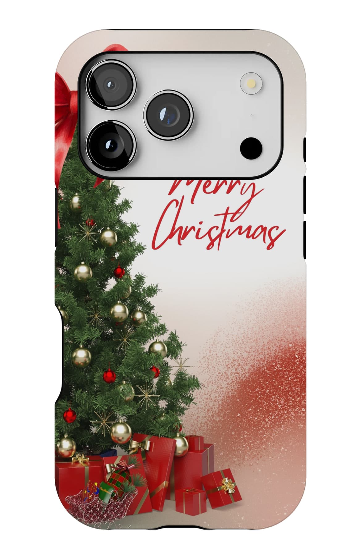 A decorated fir and a single red ribbon. Shown on an iPhone.