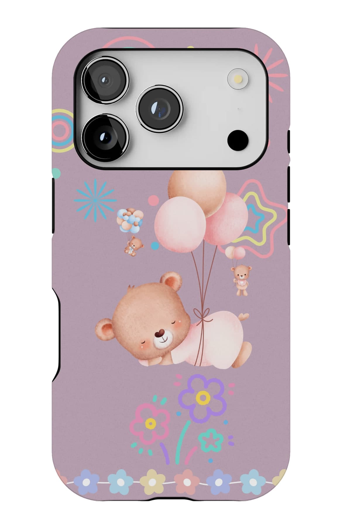 A bear lifted by balloons. Shown on an iPhone.