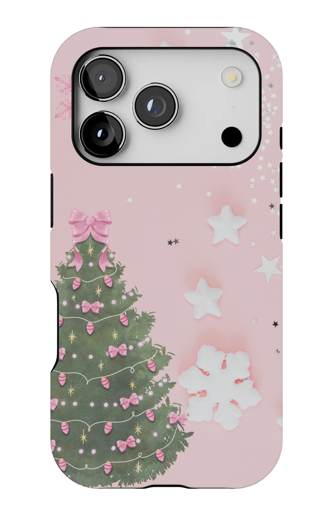 A pale pink sky behind one snow-dusted fir. Shown on an iPhone.