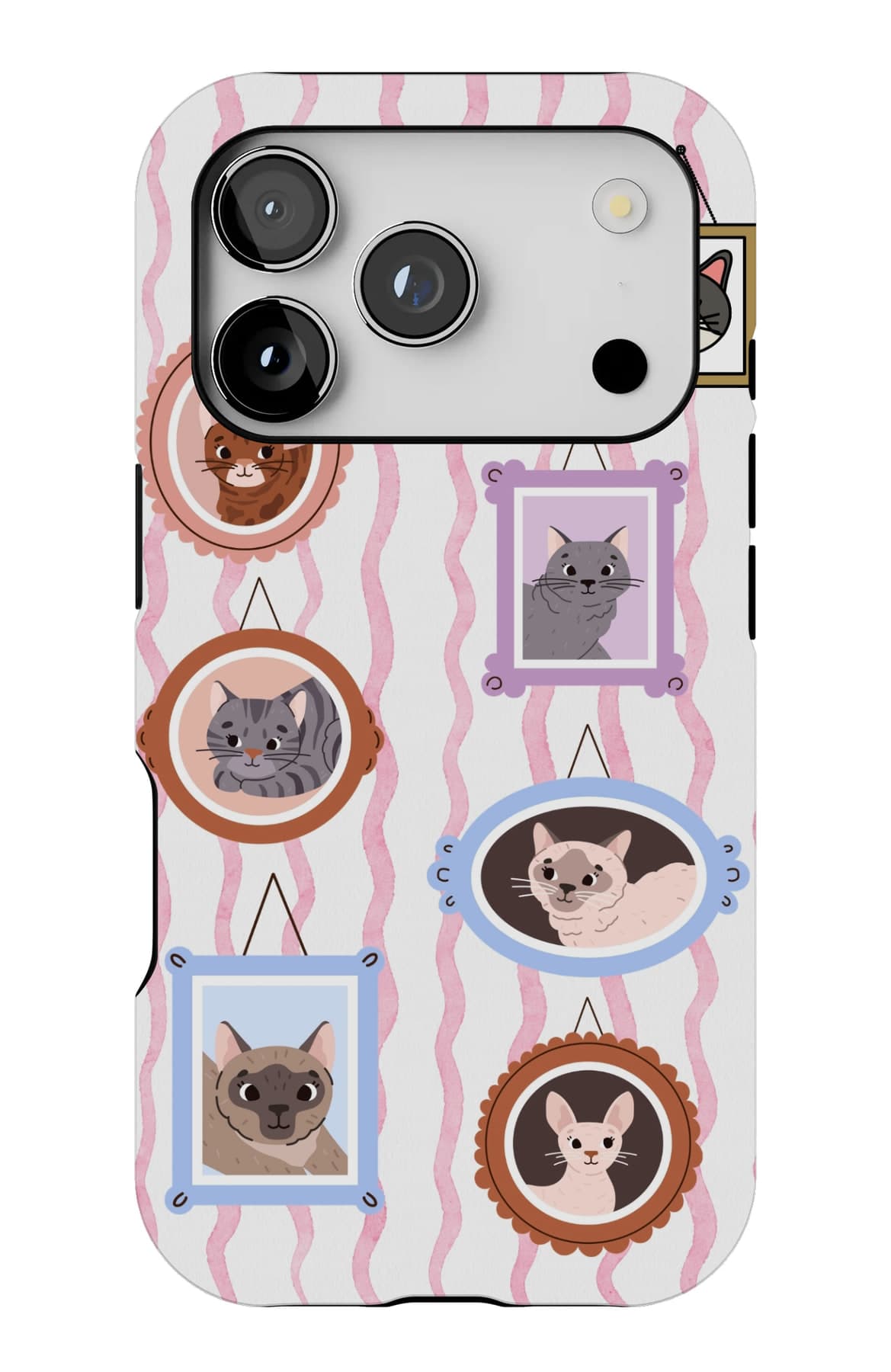 A gallery wall of cat portraits on striped paper. Shown on an iPhone.
