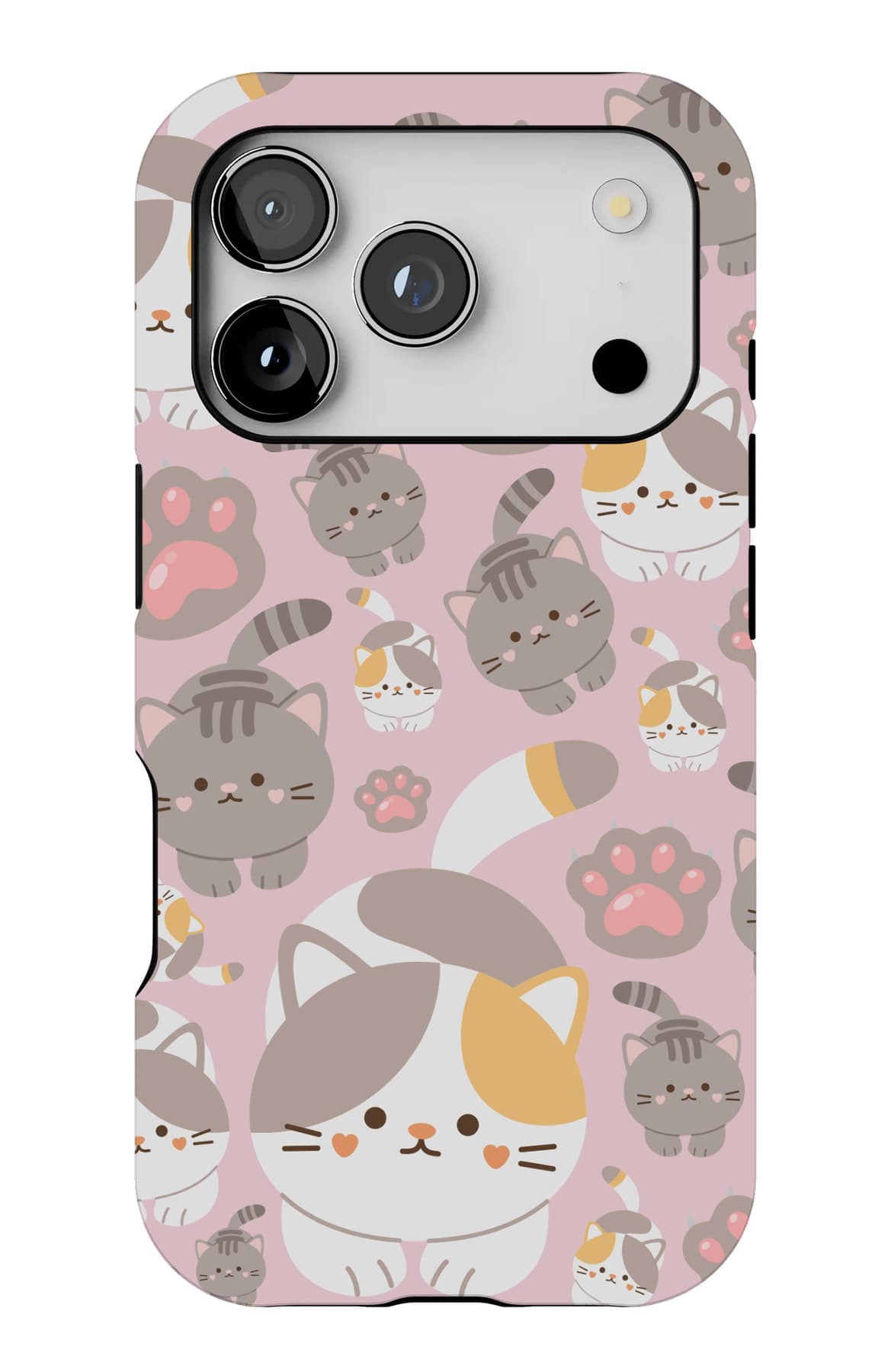 Round calico and grey cats on pink. Shown on an iPhone.