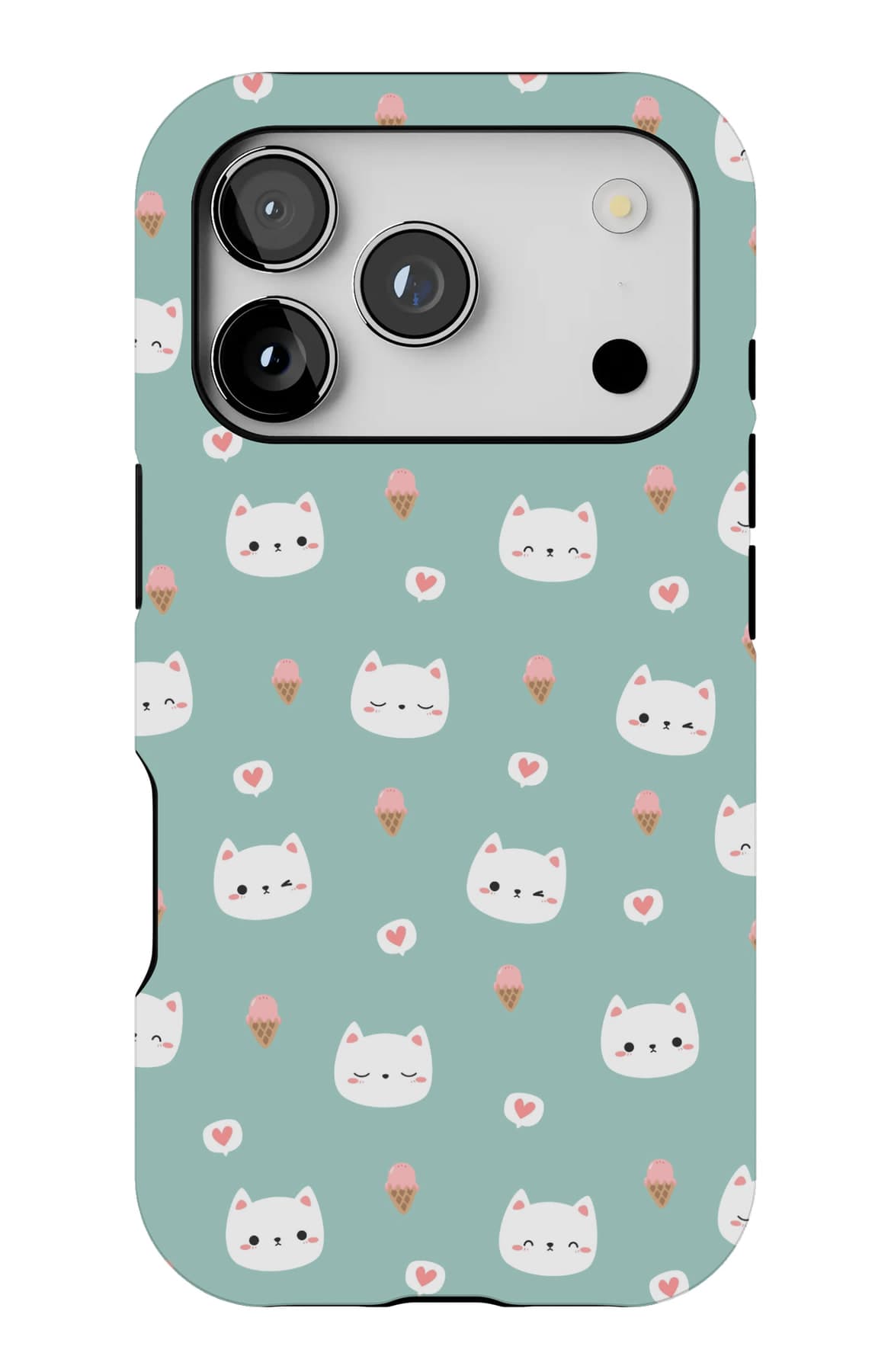 White cat faces and small flowers on sage. Shown on an iPhone.