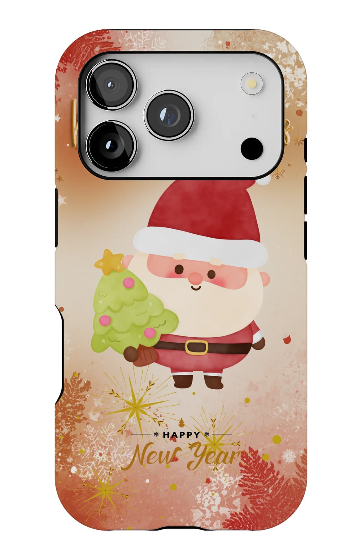 Santa and his fir, lit by a soft gold snowfall. Shown on an iPhone.