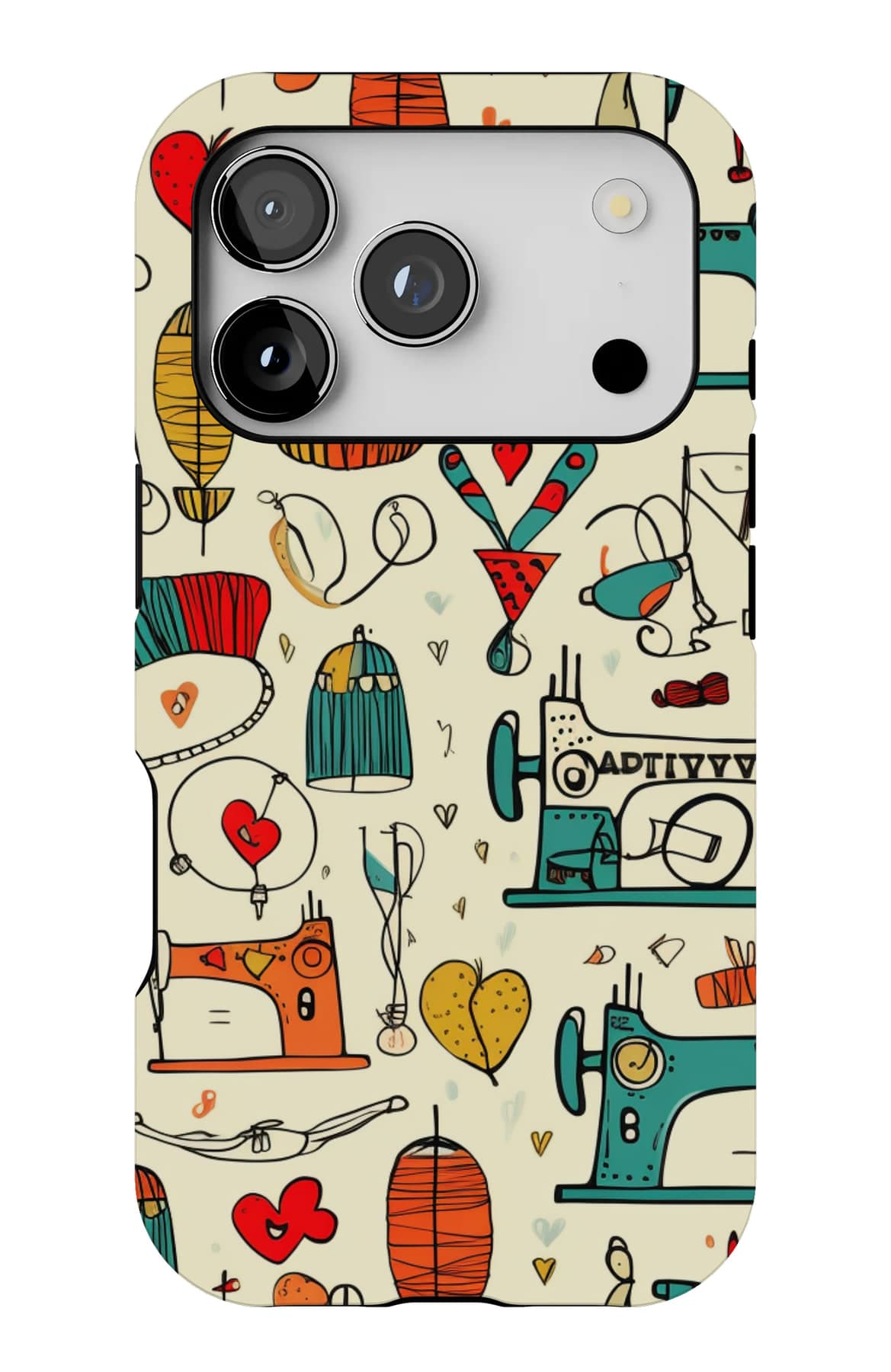 Sewing machines and hearts on warm cream. Shown on an iPhone.