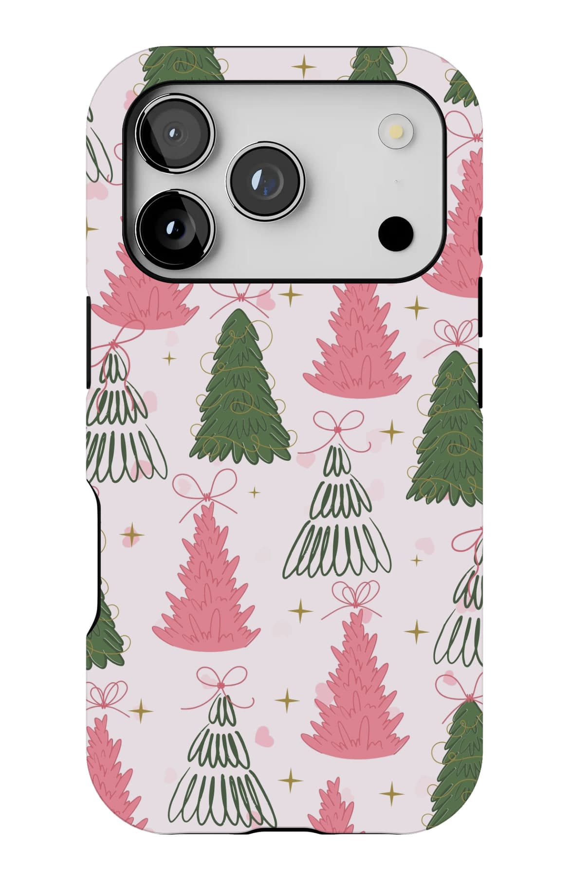 Fir trees drawn in pencil on powder pink. Shown on an iPhone.