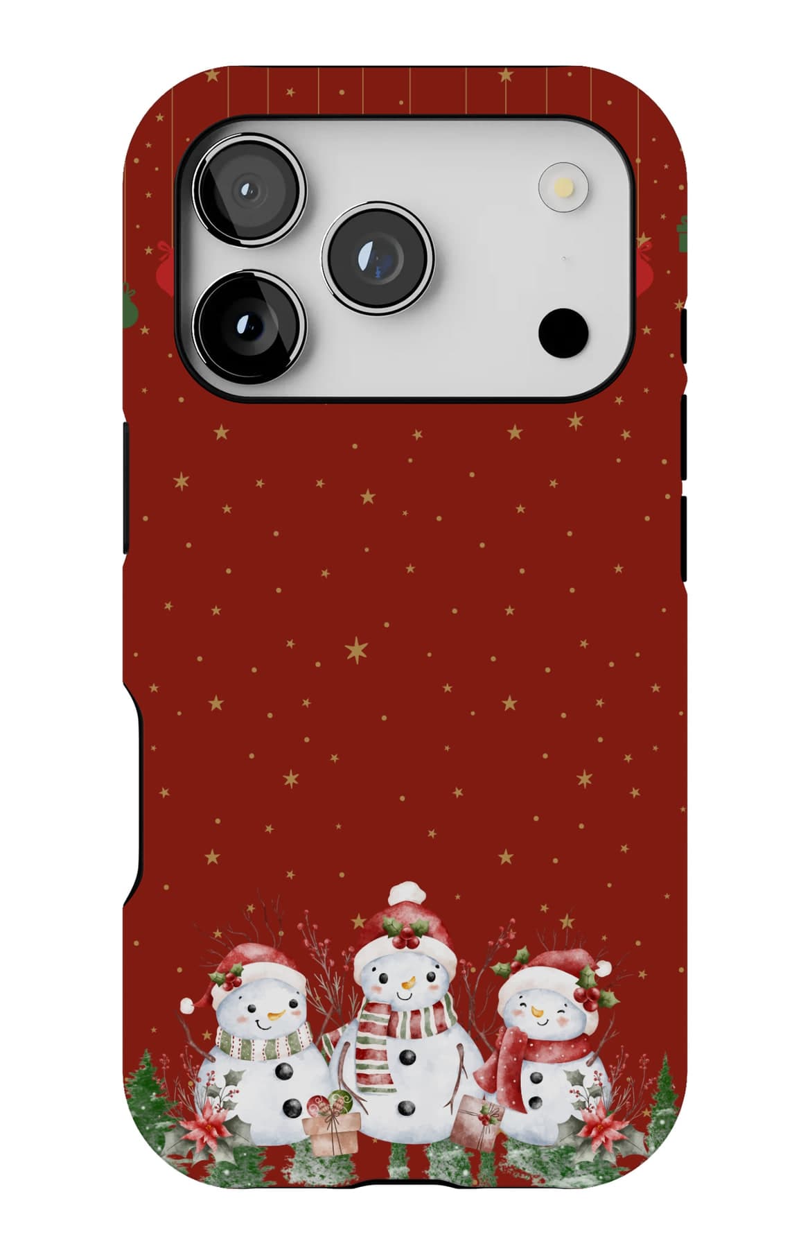 Snowmen and hanging baubles on a deep red ground. Shown on an iPhone.