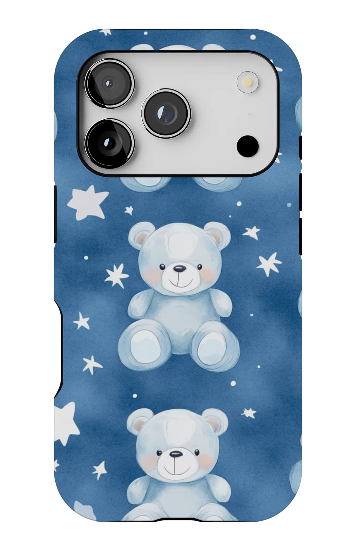 Blue teddies under scattered stars. Shown on an iPhone.