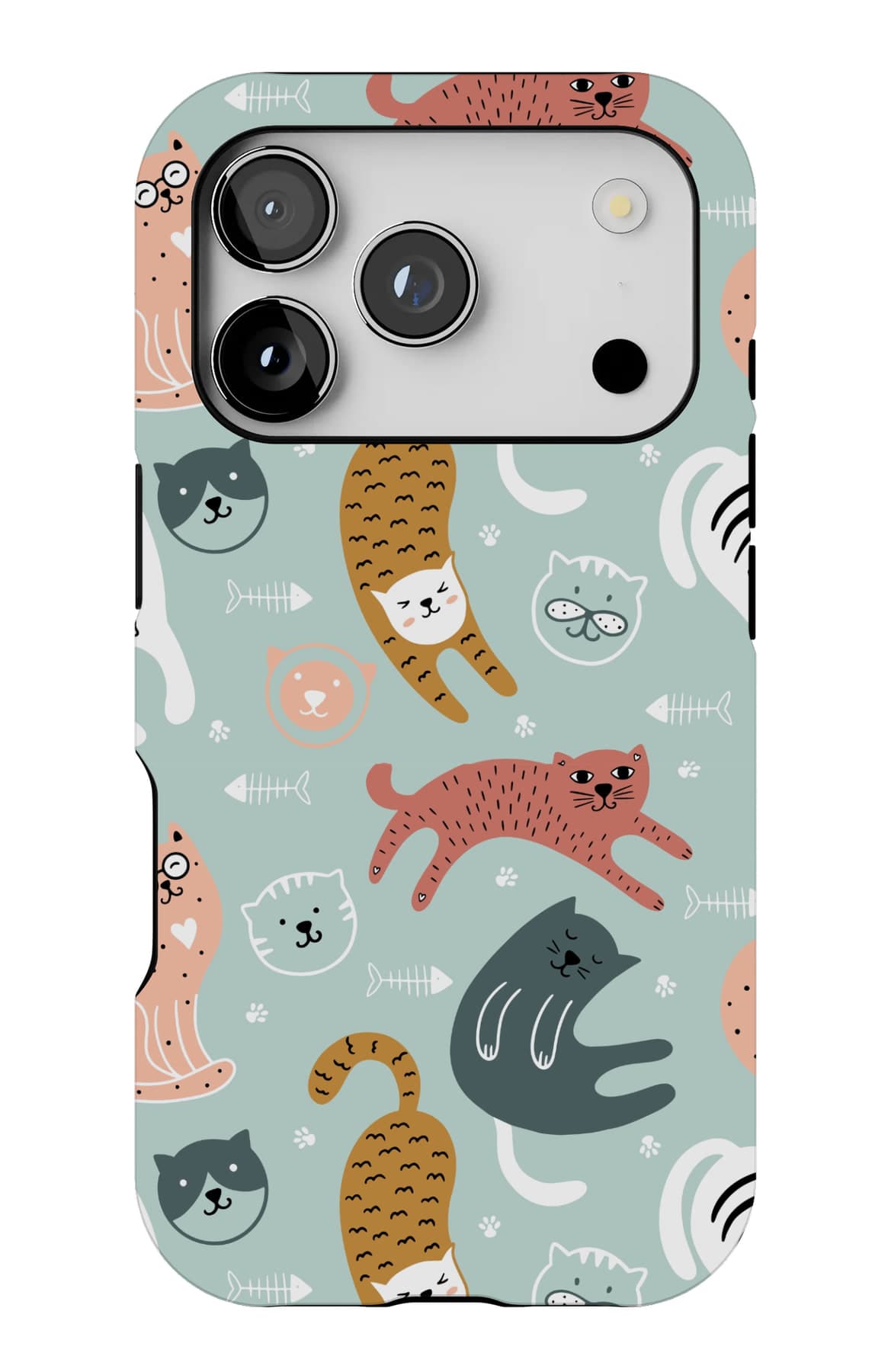 Cats stretching right across a teal ground. Shown on an iPhone.