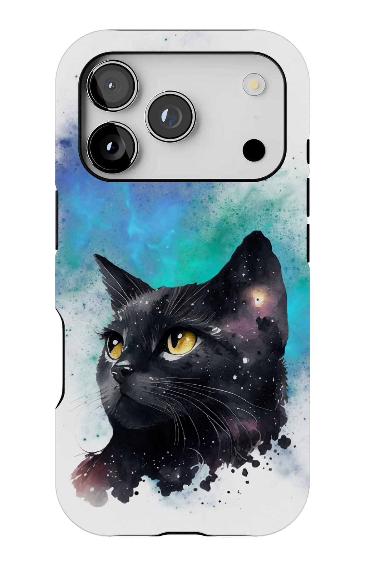 A black cat painted into a watercolour galaxy. Shown on an iPhone.