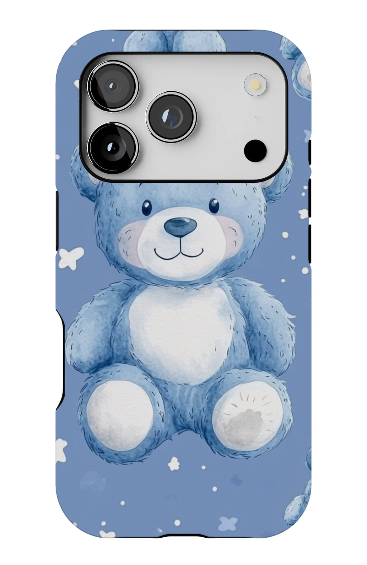 A white teddy on painted blue. Shown on an iPhone.