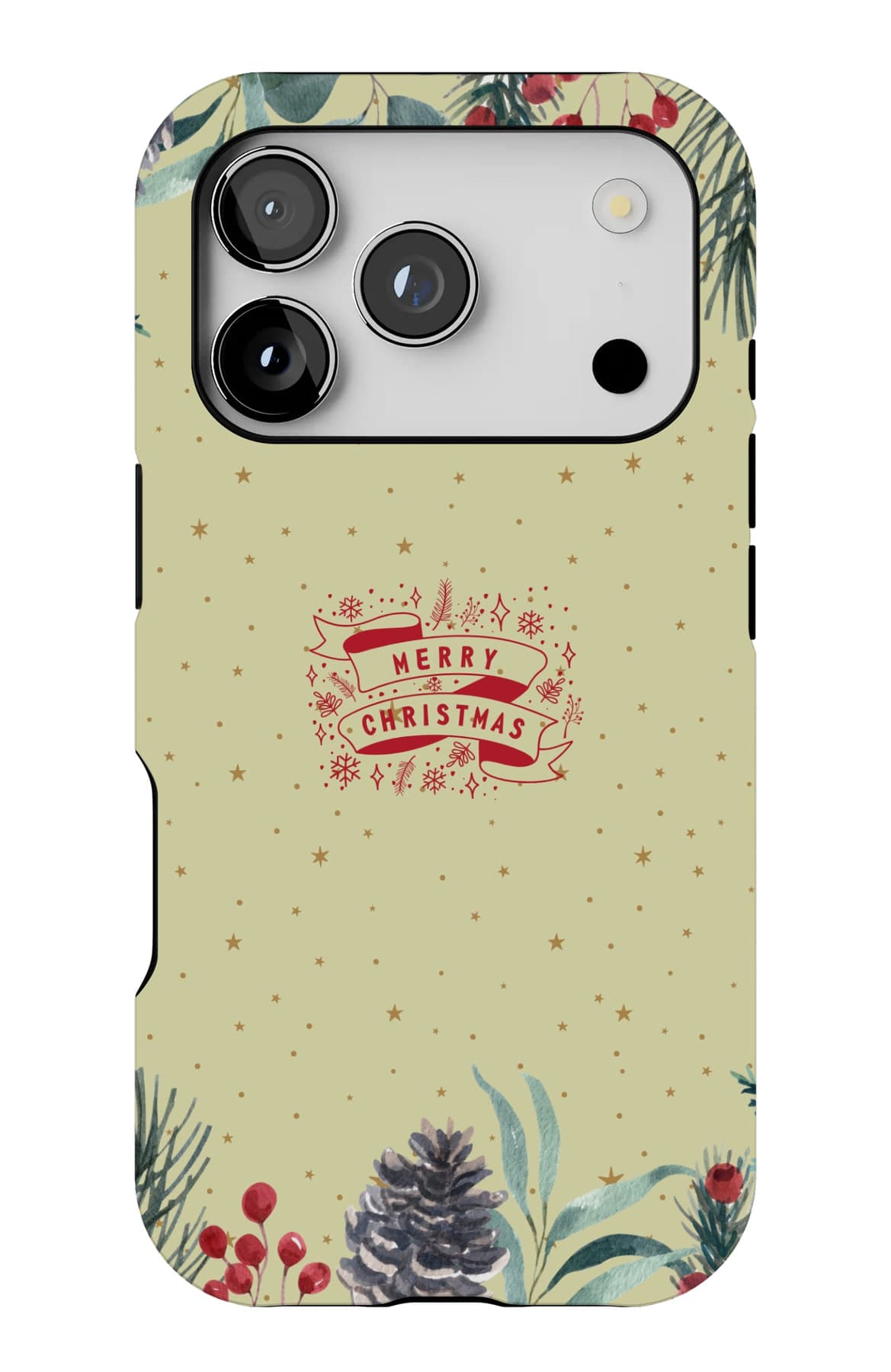 A pine-and-berry badge on soft sage. Shown on an iPhone.