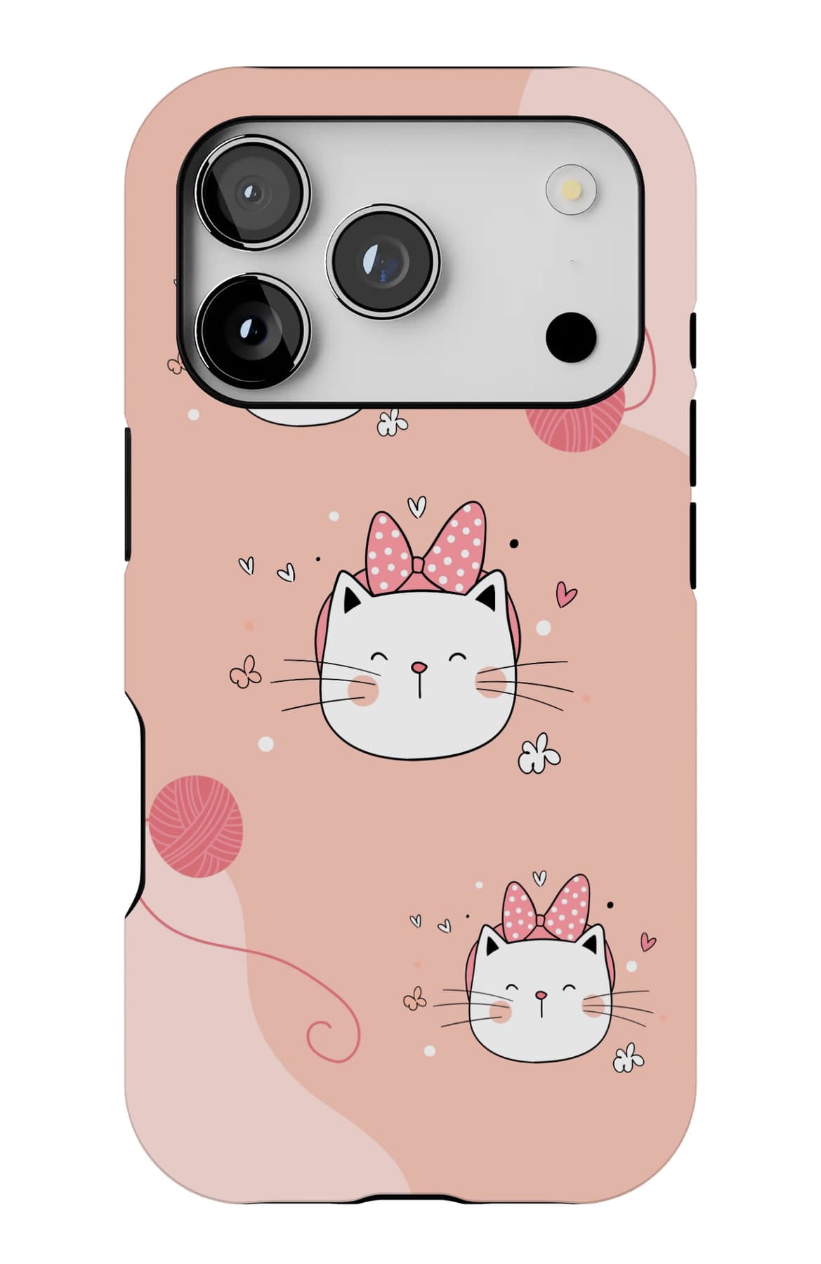 Cats and a ball of yarn on soft pink. Shown on an iPhone.