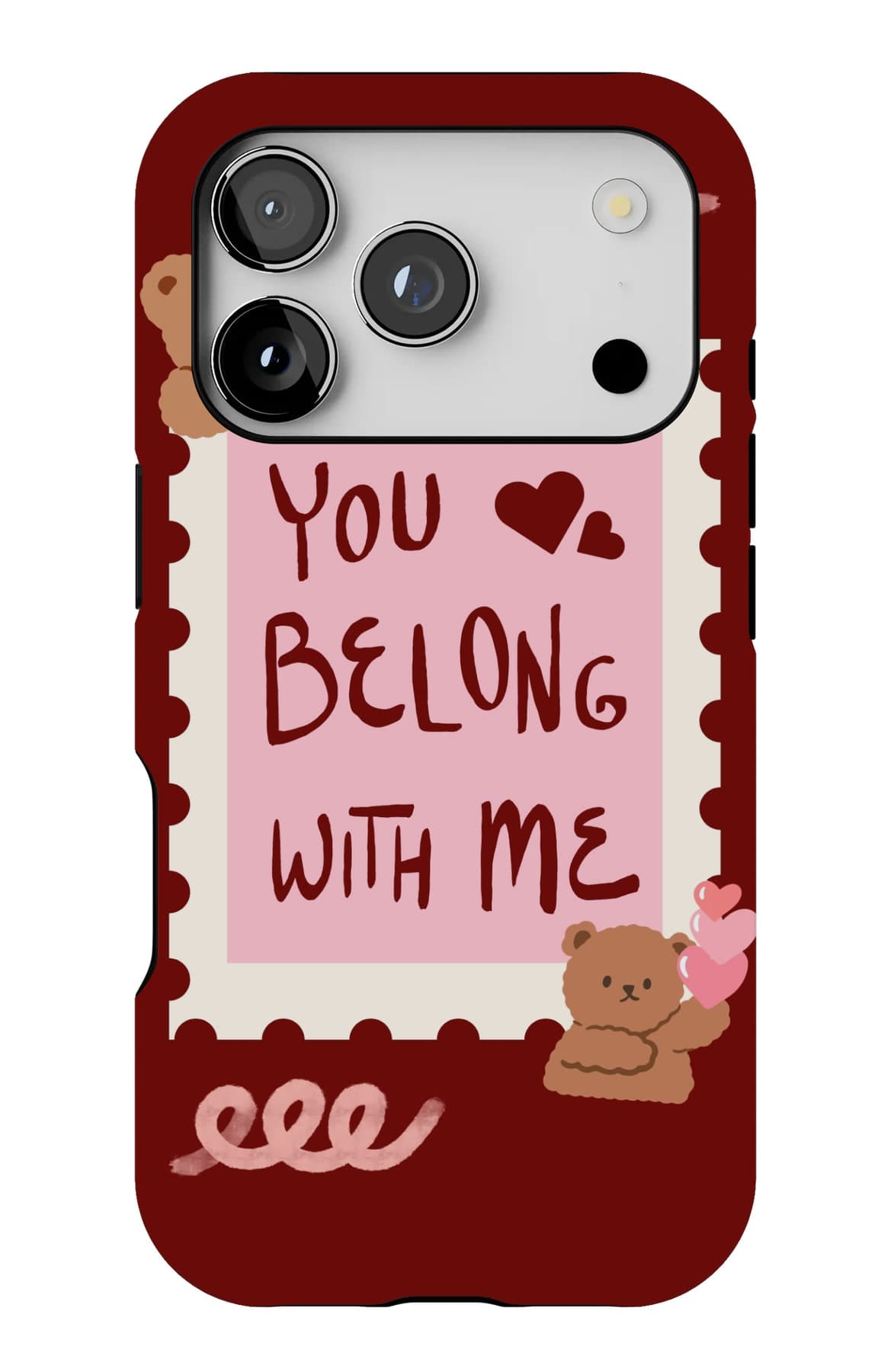 A pink stamp on deep red. You belong with me. Shown on an iPhone.