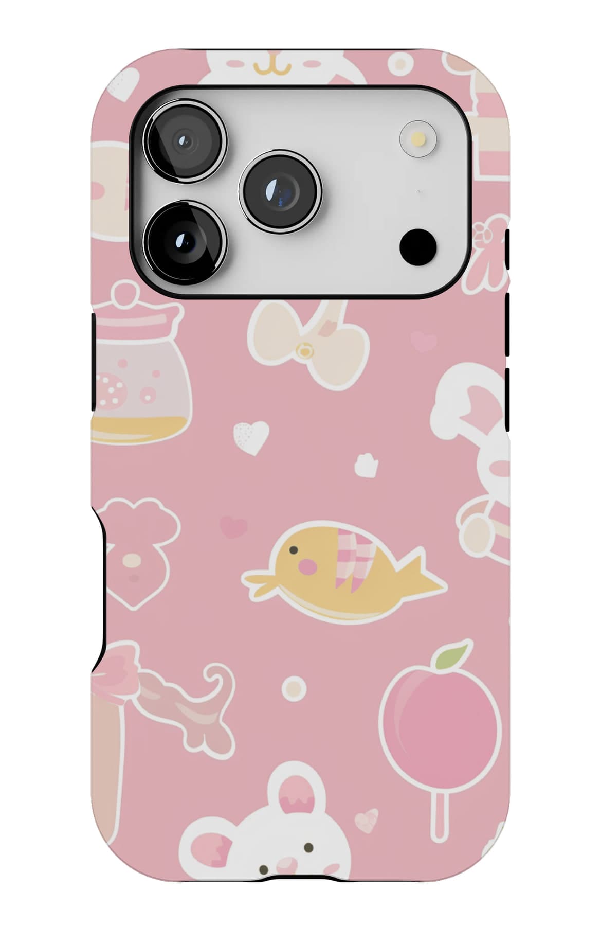 Bottles, rattles and ribbon on pink. Shown on an iPhone.