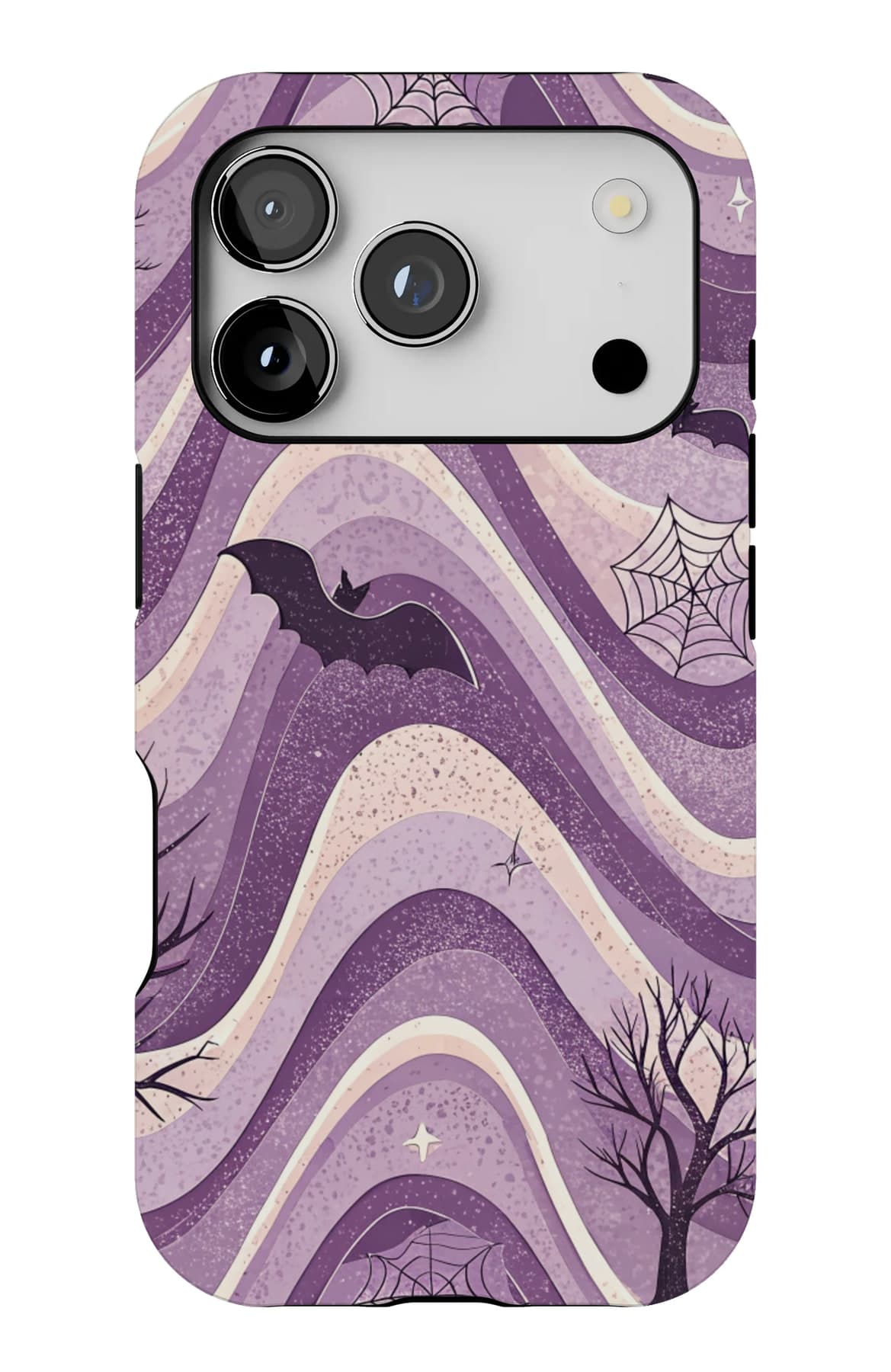 Bare branches and bats on purple. Shown on an iPhone.