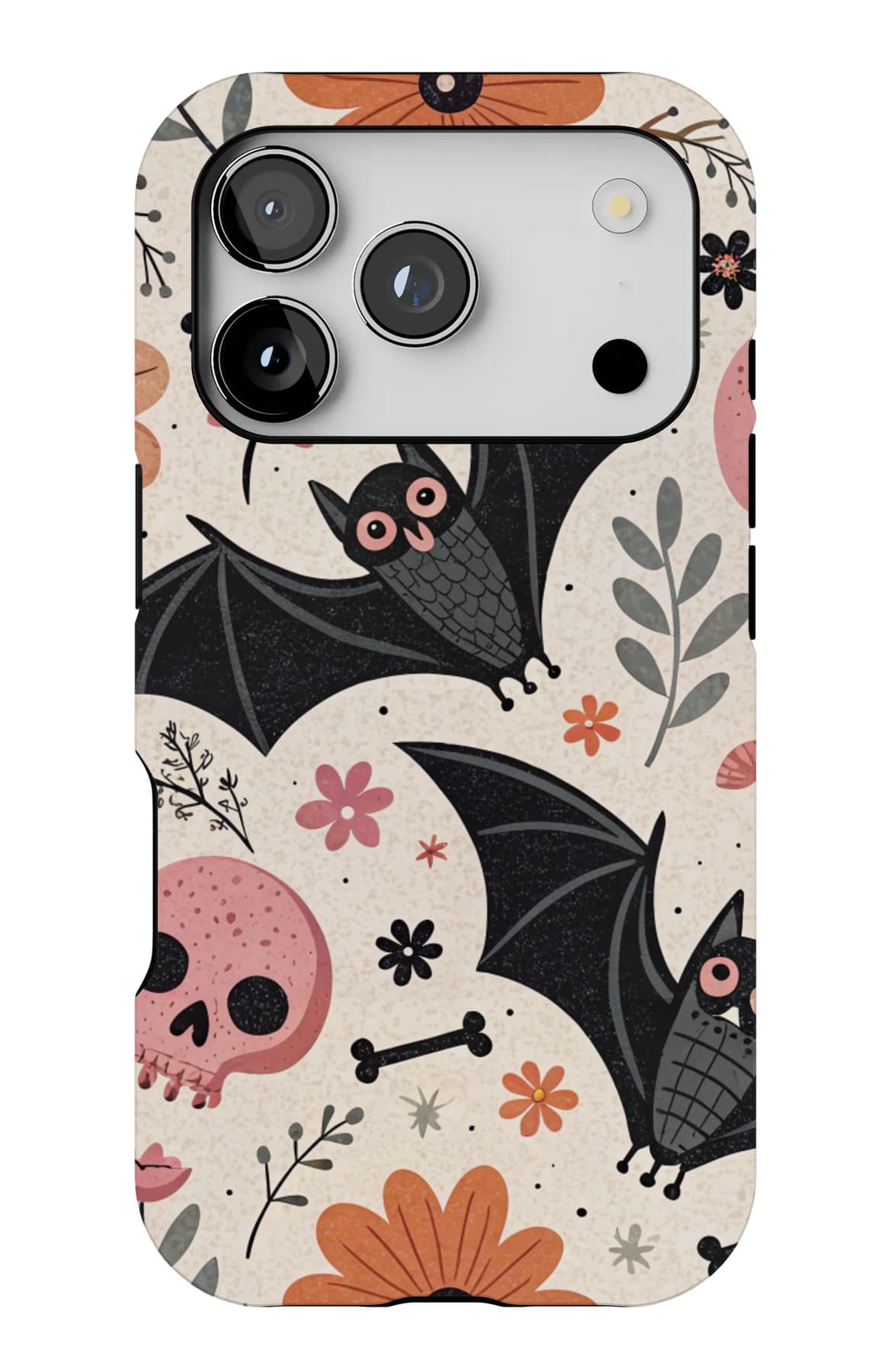 Bats, skulls and flowers on cream. Shown on an iPhone.