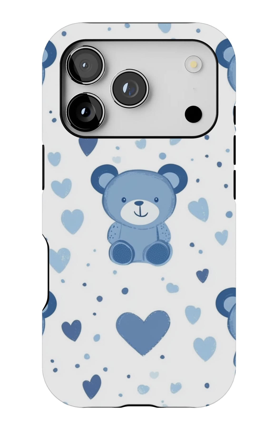Blue teddies and hearts on white. Shown on an iPhone.